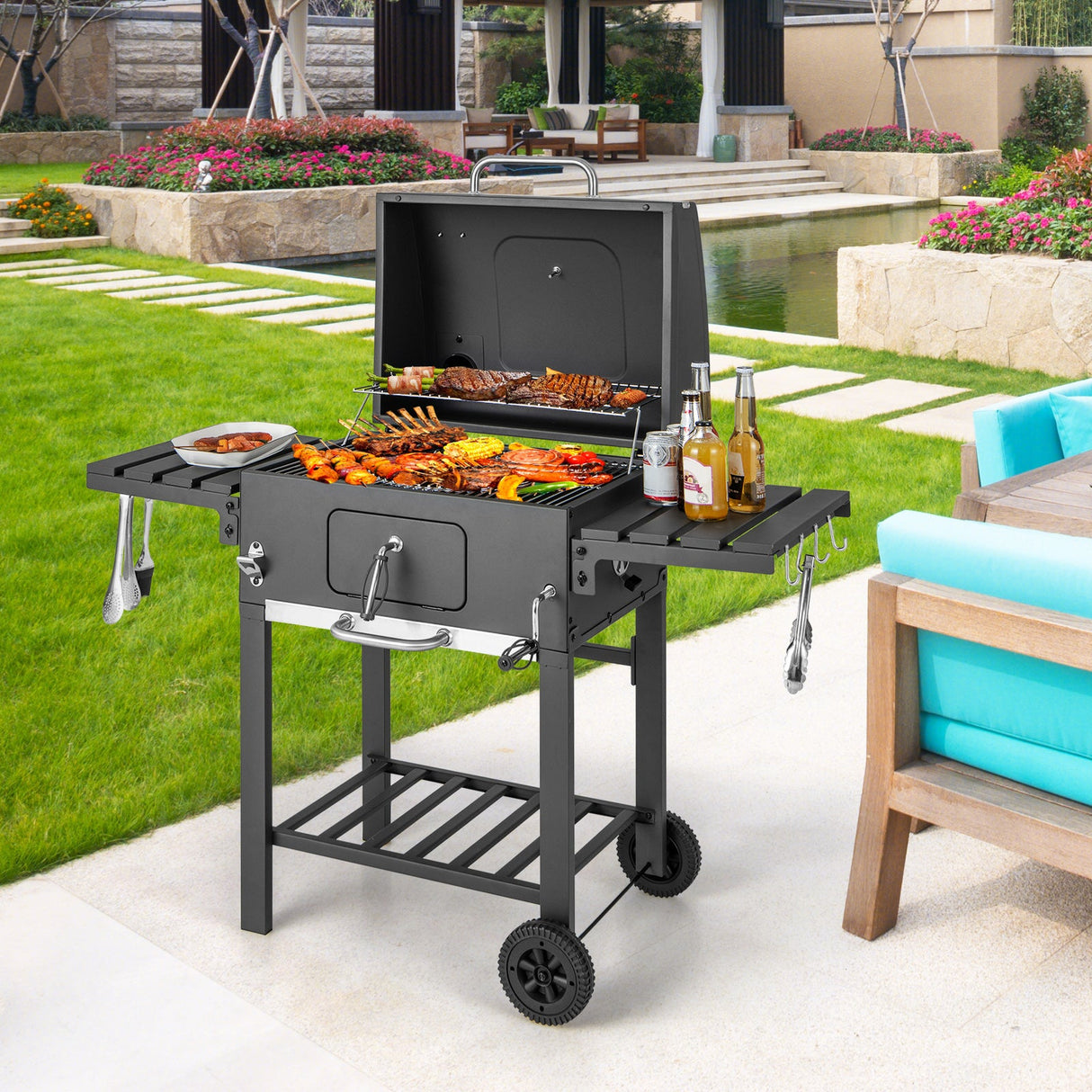 Parrilla de carbón para barbacoa exterior con 2 mesas laterales plegables y ruedas