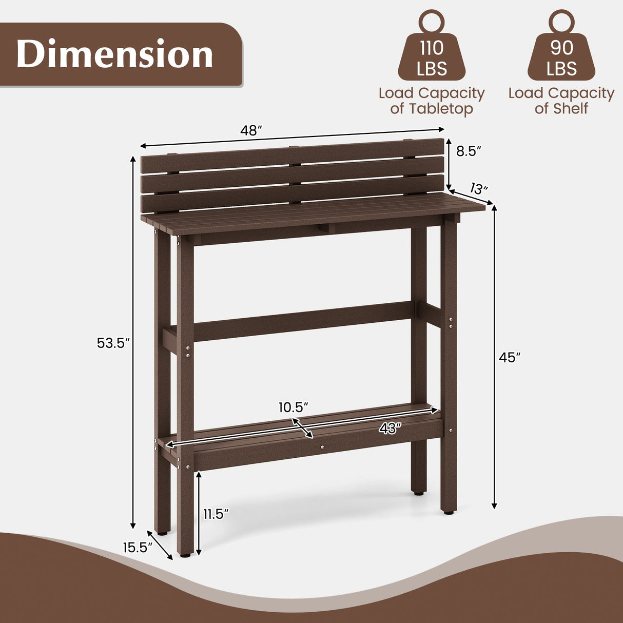 Mesa de altura de pub para patio de 48 pulgadas con estante de almacenamiento y almohadillas ajustables para los pies