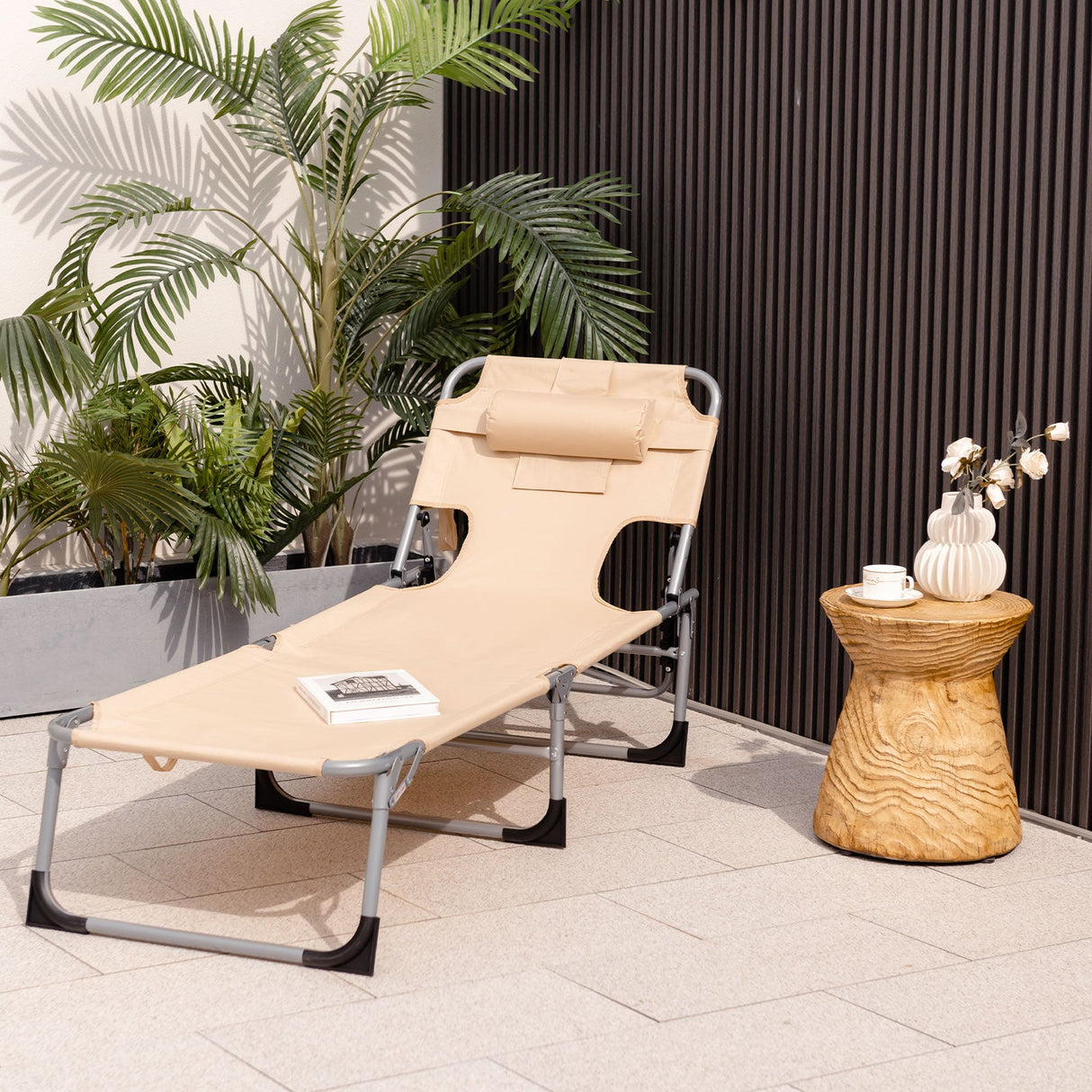 Tumbona de playa plegable con almohada para exteriores - Beige