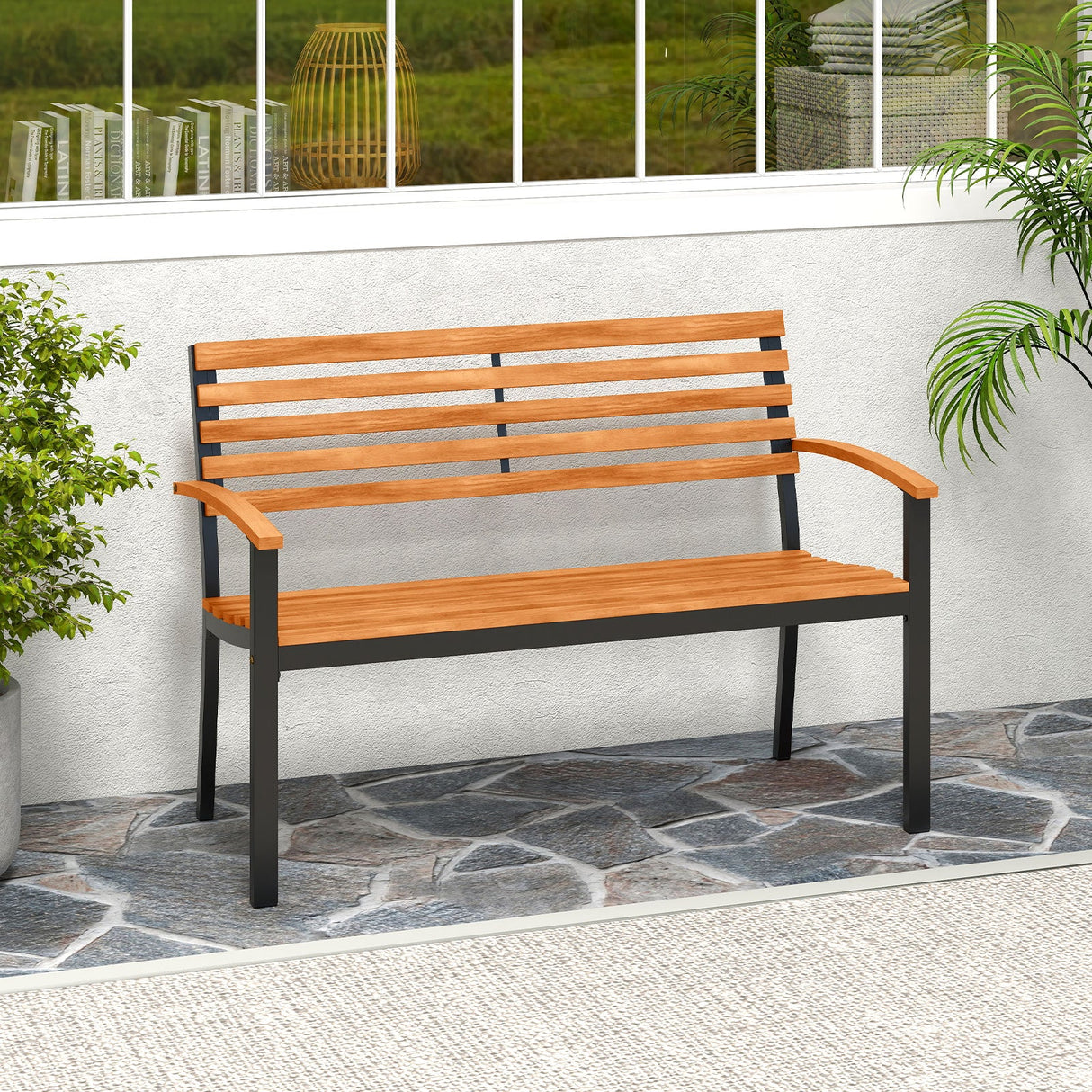 Banco de Exterior de Madera de Acacia, Sofá Biplaza para Patio con Respaldo y Reposabrazos