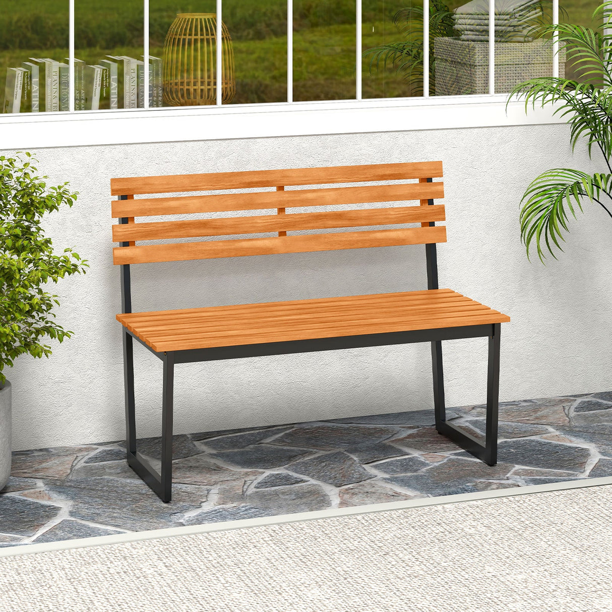 Banco de exterior Loveseat de patio de madera de acacia con respaldo y estructura de metal resistente