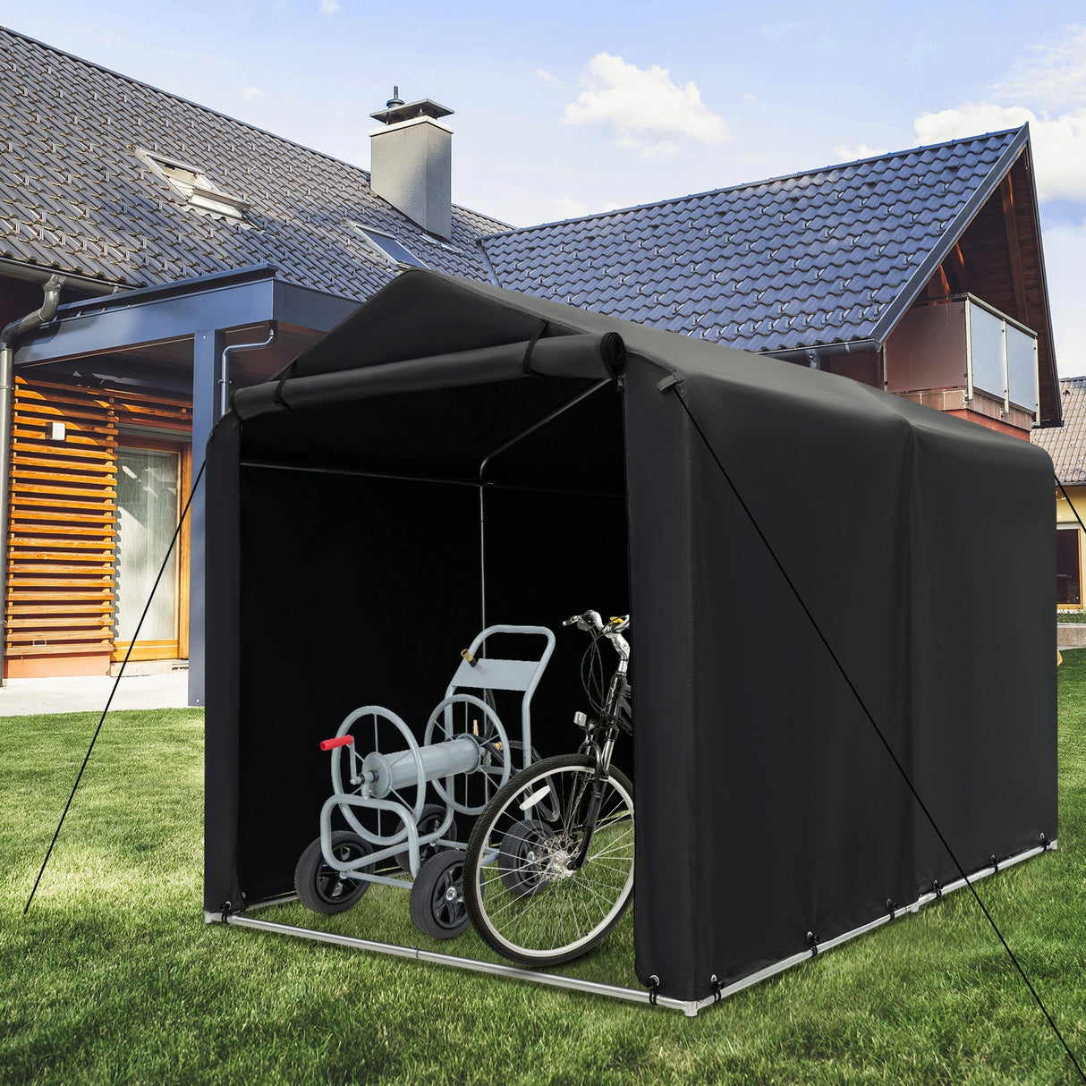 Refugio de almacenamiento 7 x 5.2 PIES Tienda de bicicleta exterior con cubierta impermeable y puerta con cremallera - Gris