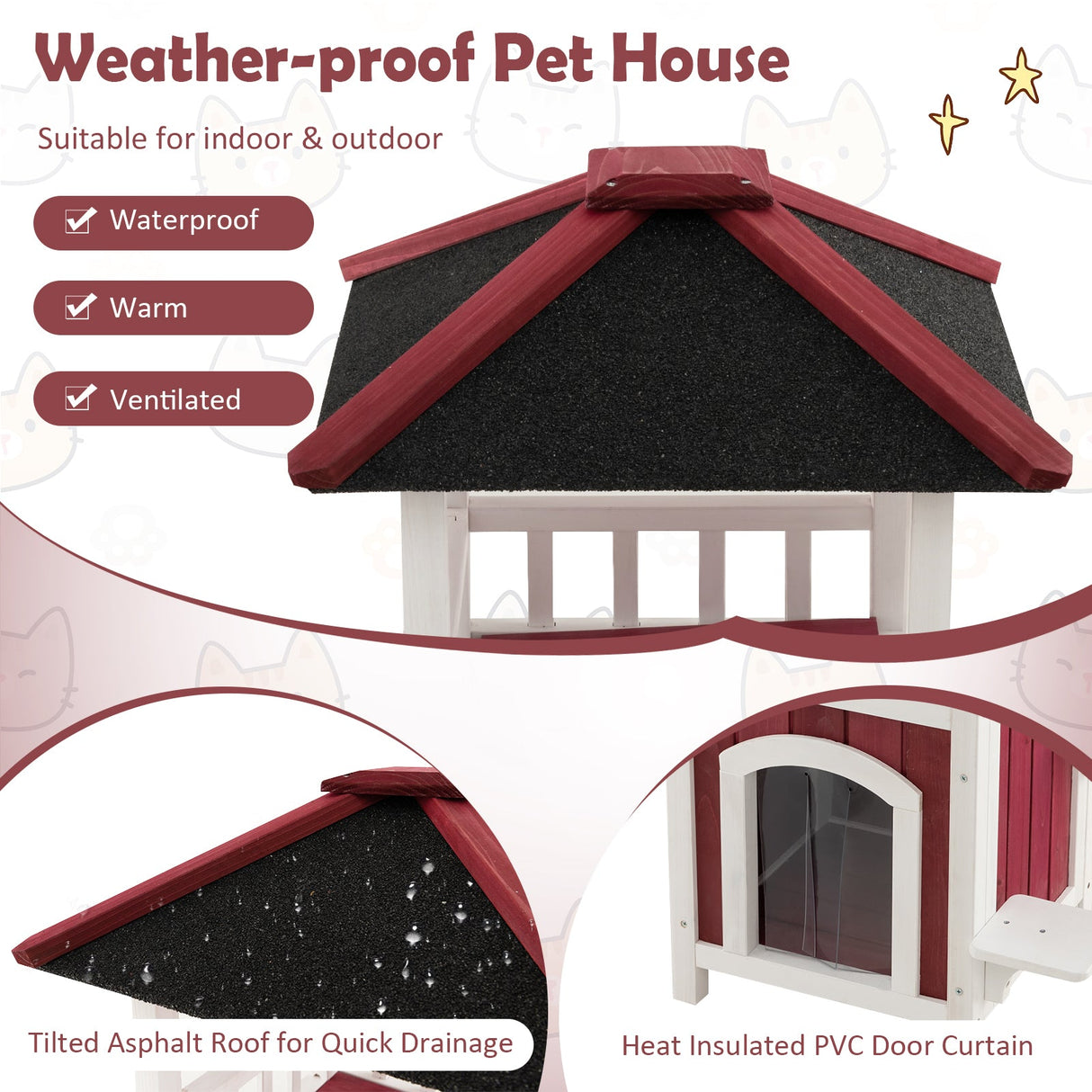 Casa de madera de 2 pisos para gatos con balcón de techo de asfalto y cortina de lluvia - Rojo y blanco