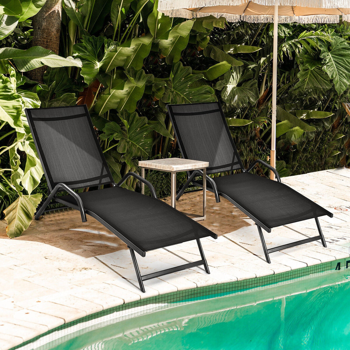 Tumbona de exterior de 2 piezas con respaldo ajustable de 5 posiciones - Negro