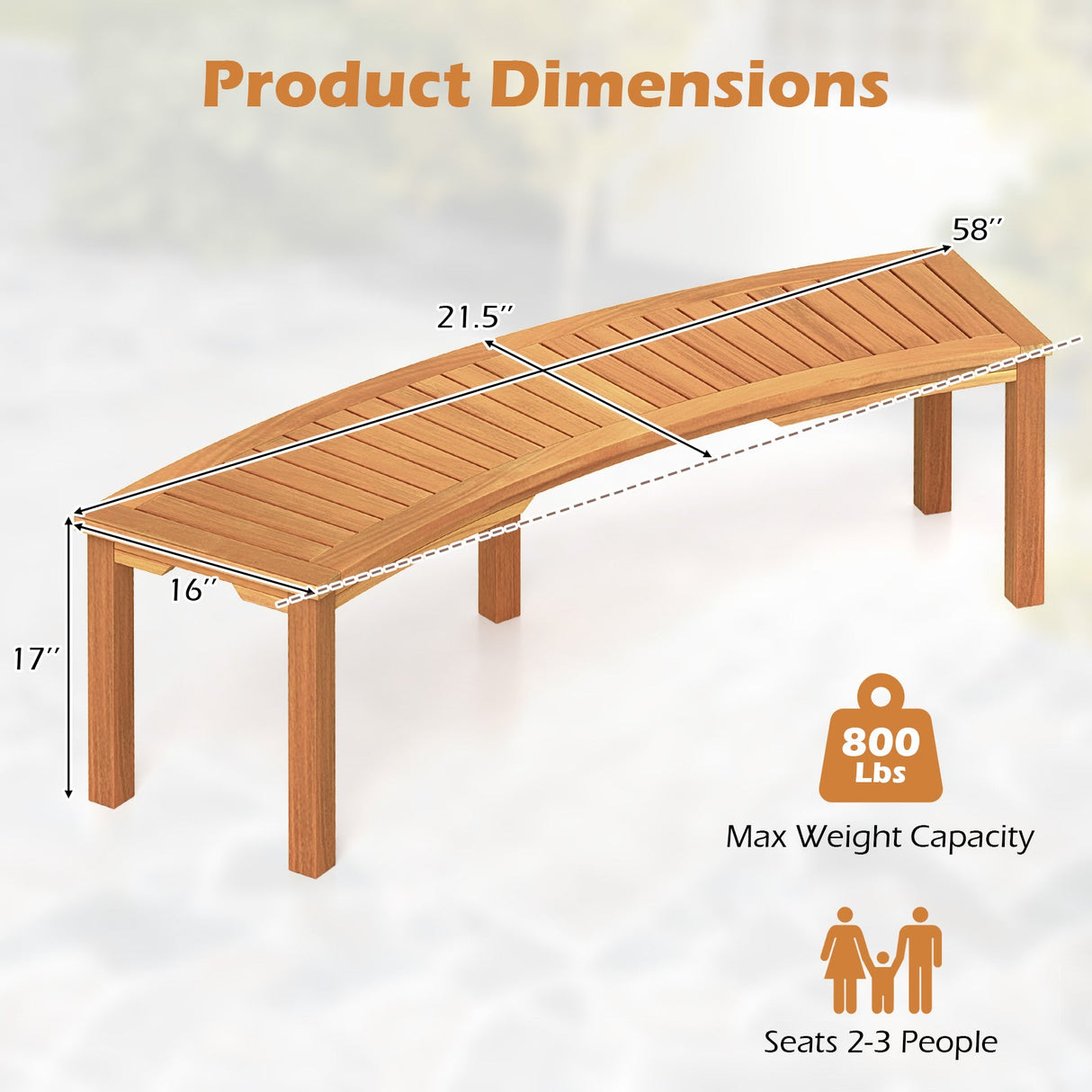 Banco curvo de madera de acacia para hoguera con asiento de listones, apto para exteriores
