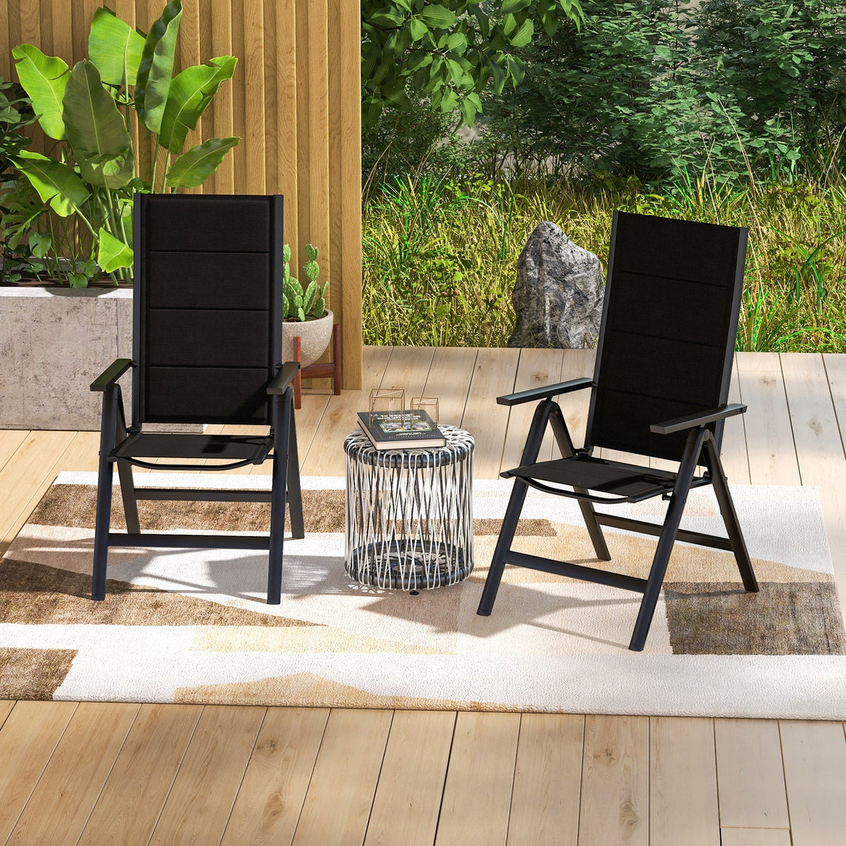 Sillón de comedor para exterior con asiento acolchado suave y respaldo ajustable en 7 posiciones - Negro