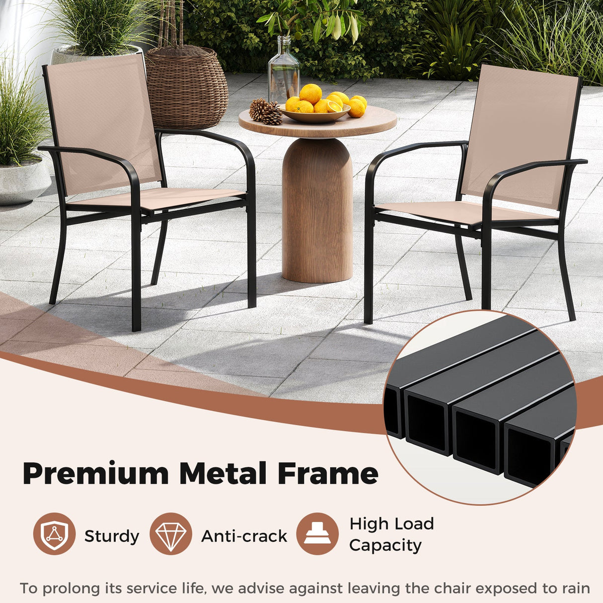 Juego de 2 sillas de comedor para exteriores con respaldo alto y estructura de metal - Marrón claro