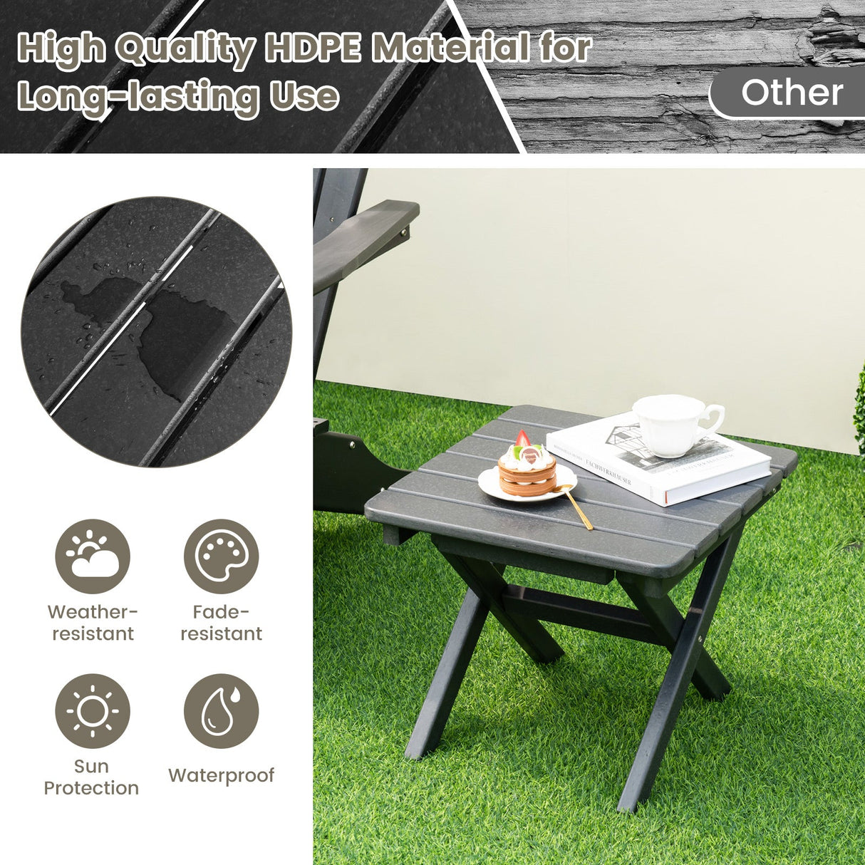 Mesa auxiliar plegable para exteriores, plegable, resistente a la intemperie, de HDPE, estilo Adirondack