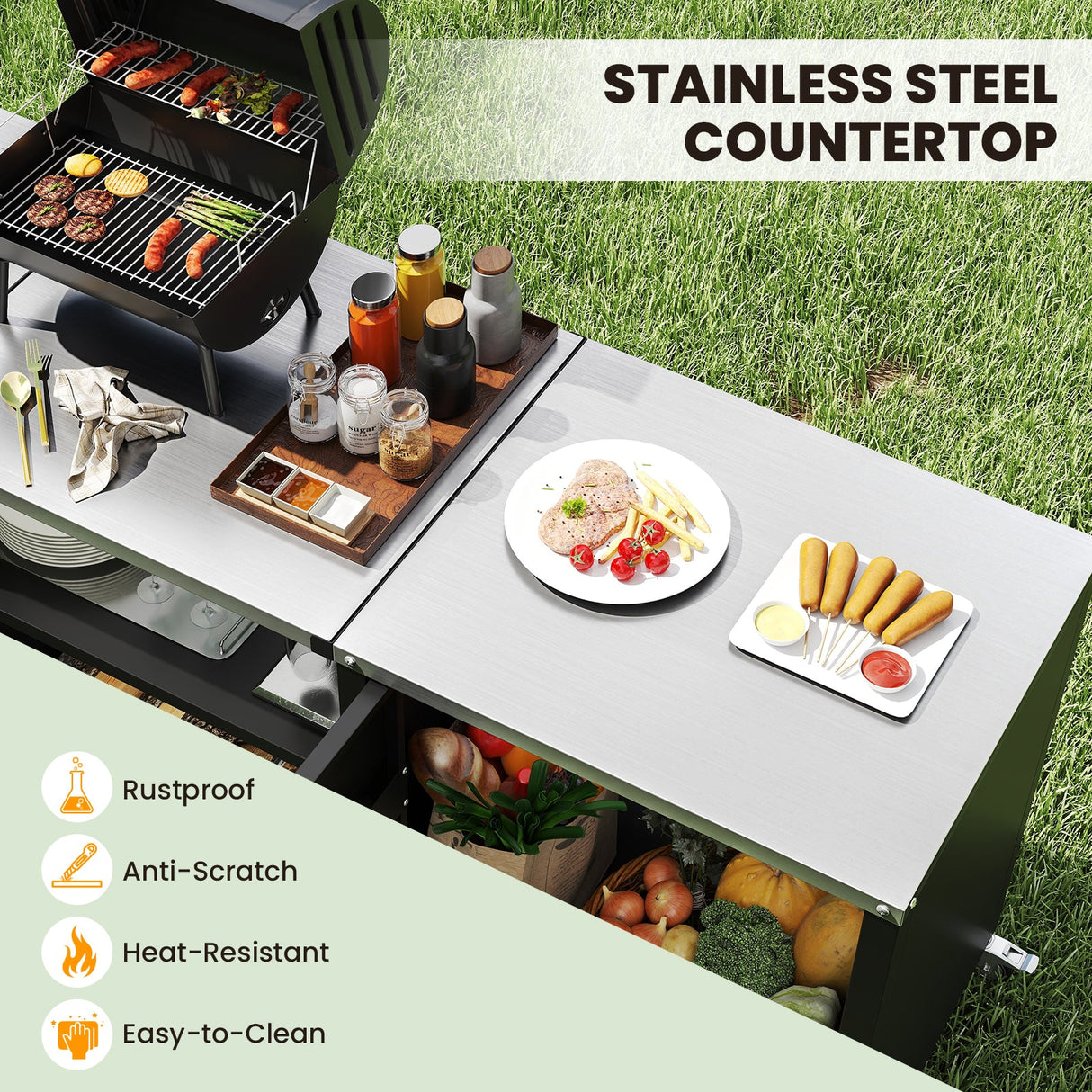 Mesa para parrilla de exterior con fregadero y desagüe, carro de metal resistente para parrilla - Negro