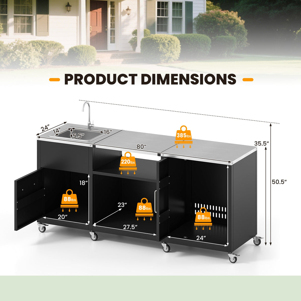 Mesa para parrilla de exterior con fregadero y desagüe, carro de metal resistente para parrilla - Negro