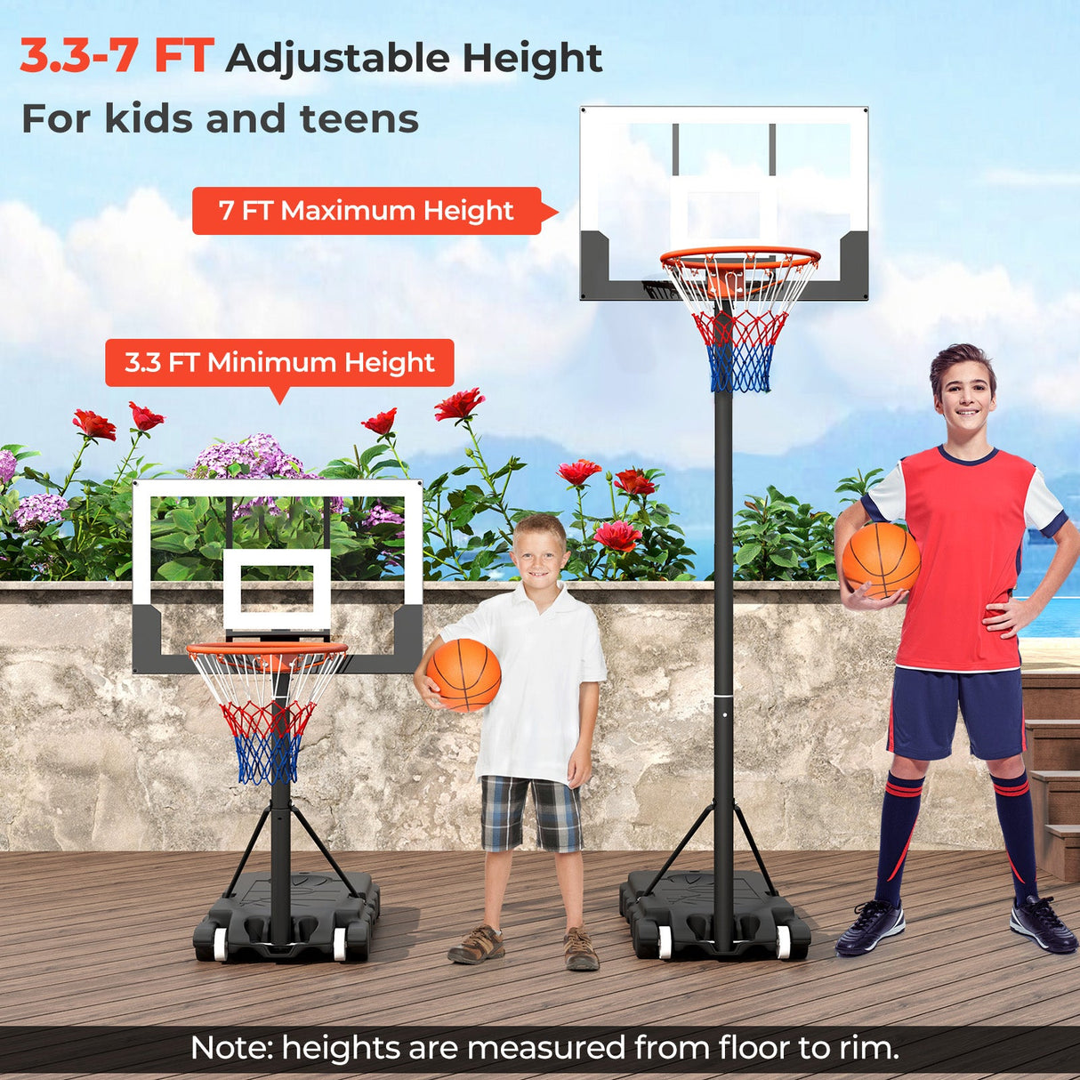 Sistema de aro de baloncesto portátil y ajustable para niños al aire libre de 3.3-7 pies
