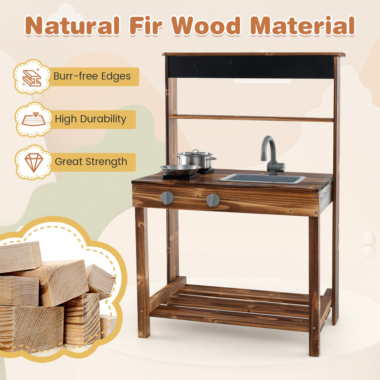 Cocina de barro exterior para niños con grifo giratorio y fregadero extraíble - Natural