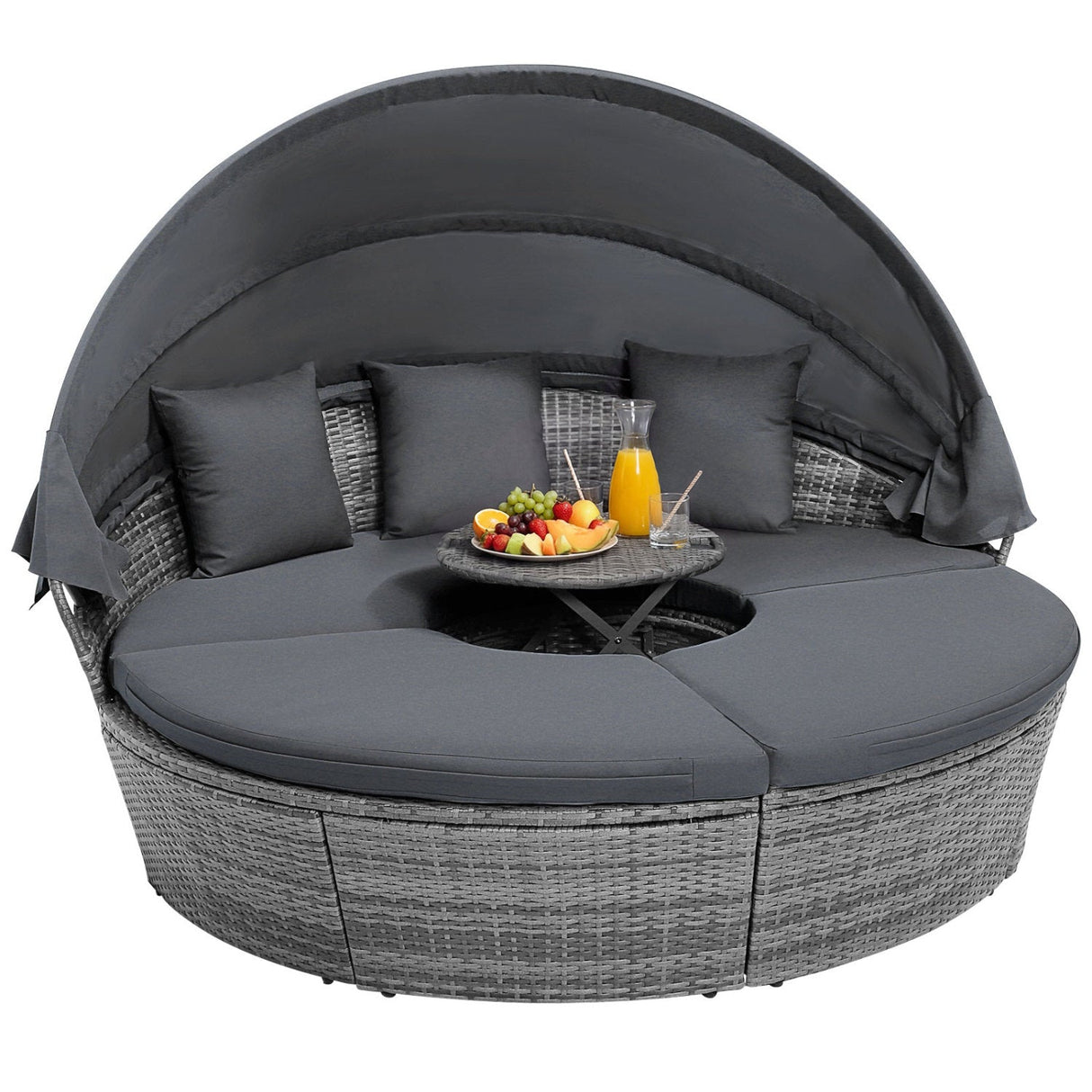 Outdoor PE Wicker Round Daybed with Retractable Canopy and Cushions-Navy