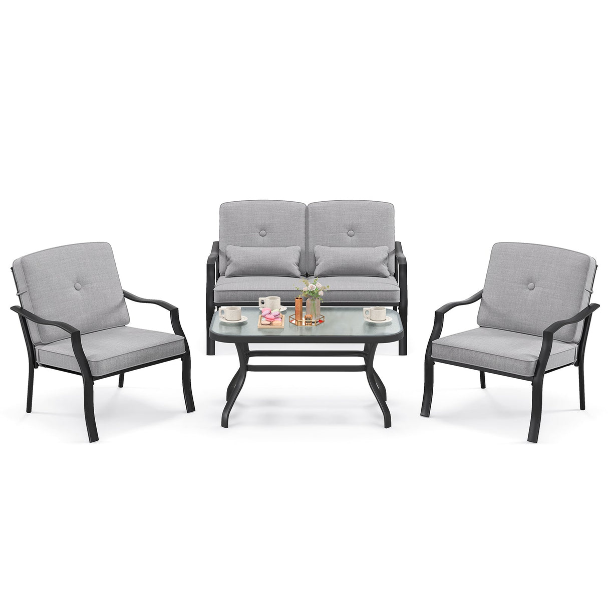 4 Pieces Outdoor Conversation Set with Seat Back Cushions and Waist Pillows