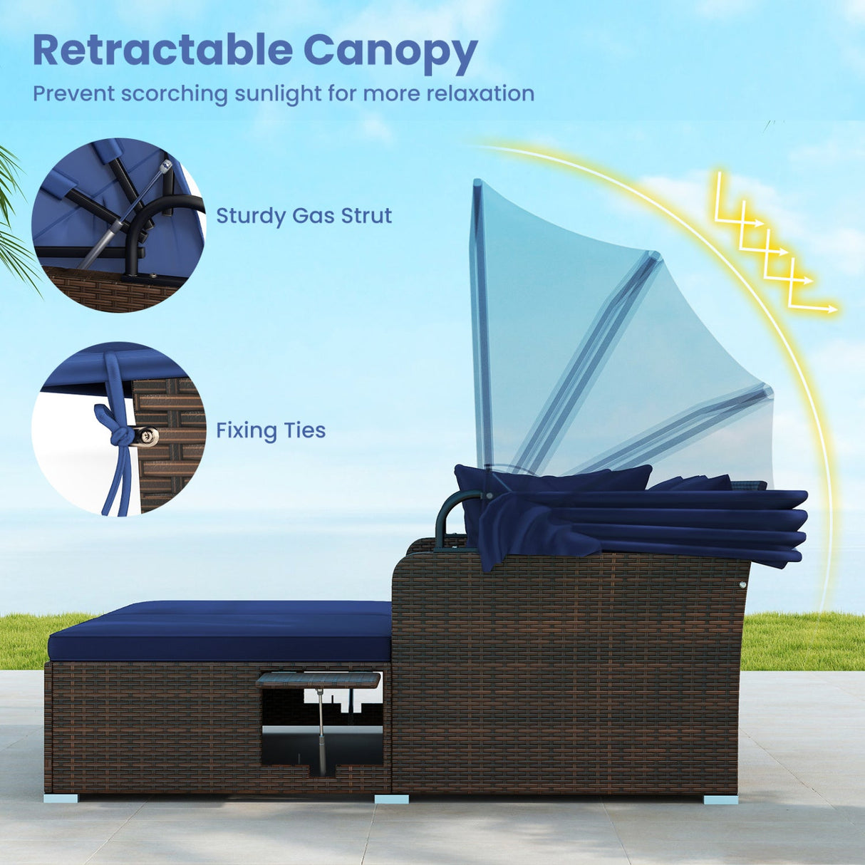 Outdoor Patio Rattan Daybed with Retractable Canopy and Side Tables