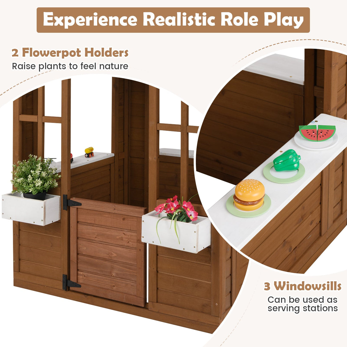Outdoor Playhouse with Serving Stations and Door for 2+ Years Old