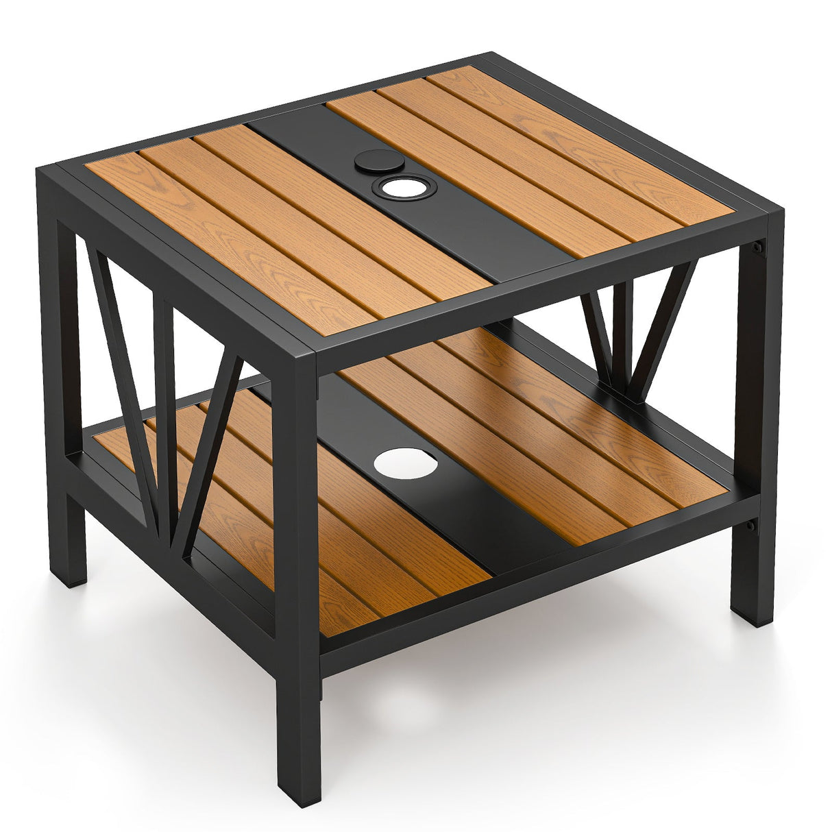 Mesa auxiliar de exterior con agujero para sombrilla y estante de almacenamiento para porche
