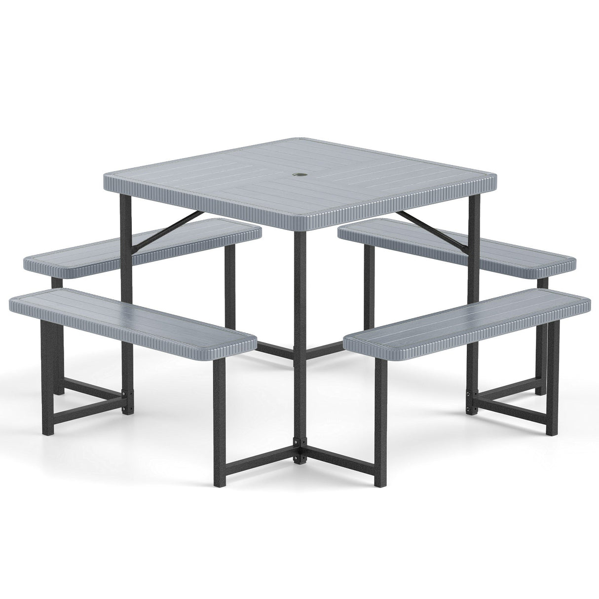 Outdoor Square Picnic Table Bench Set for 4-8 People with Umbrella Hole