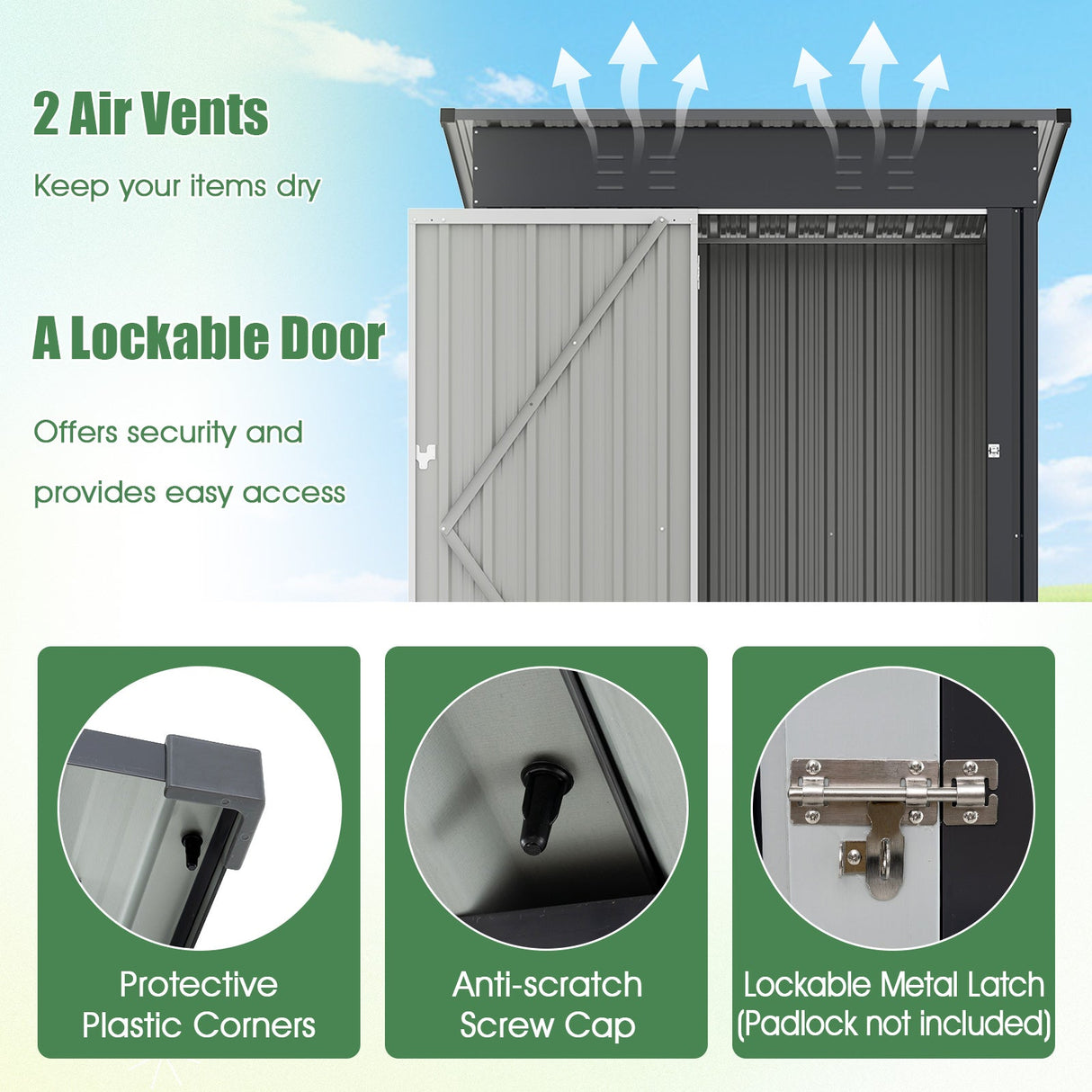 Cobertizo de almacenamiento exterior de 1,5 x 0,9 metros con techo inclinado y puerta con cerradura - Gris