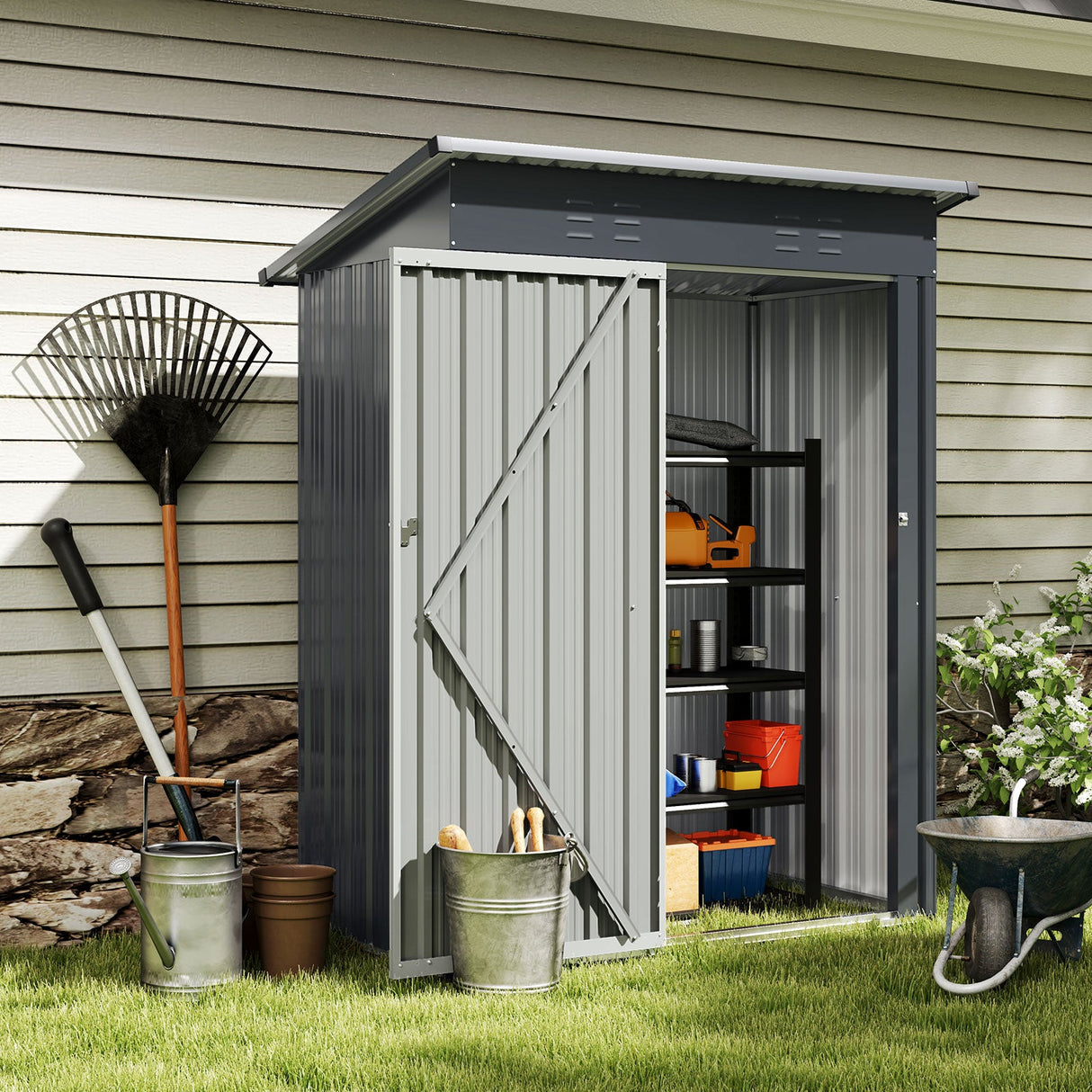 Cobertizo de almacenamiento exterior de 1,5 x 0,9 metros con techo inclinado y puerta con cerradura - Gris