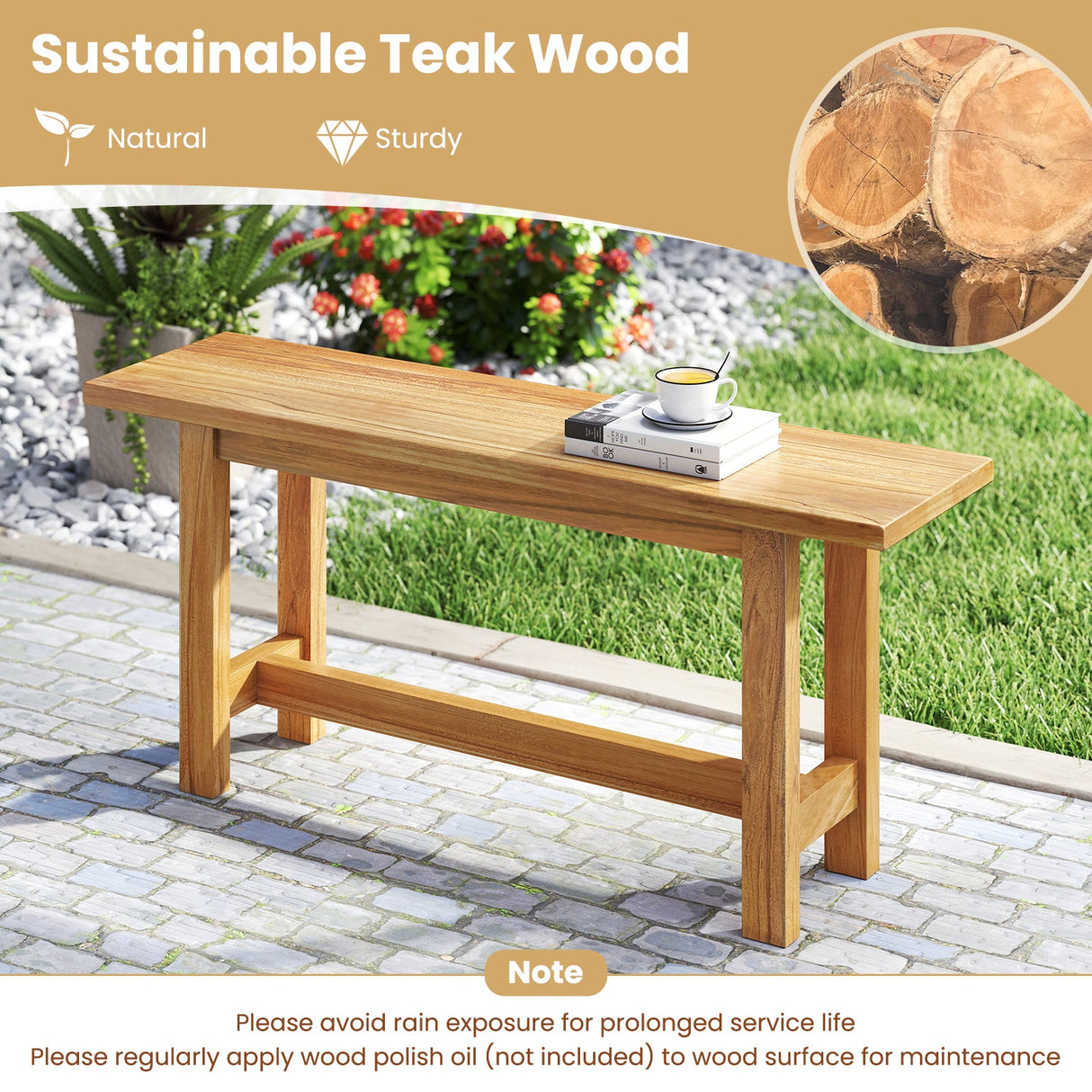 Banco de teca para exterior, ideal para porches, patios y piscinas