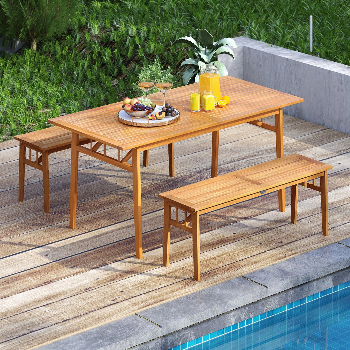 Mesa de comedor de madera para exteriores con orificio para sombrilla y base estable