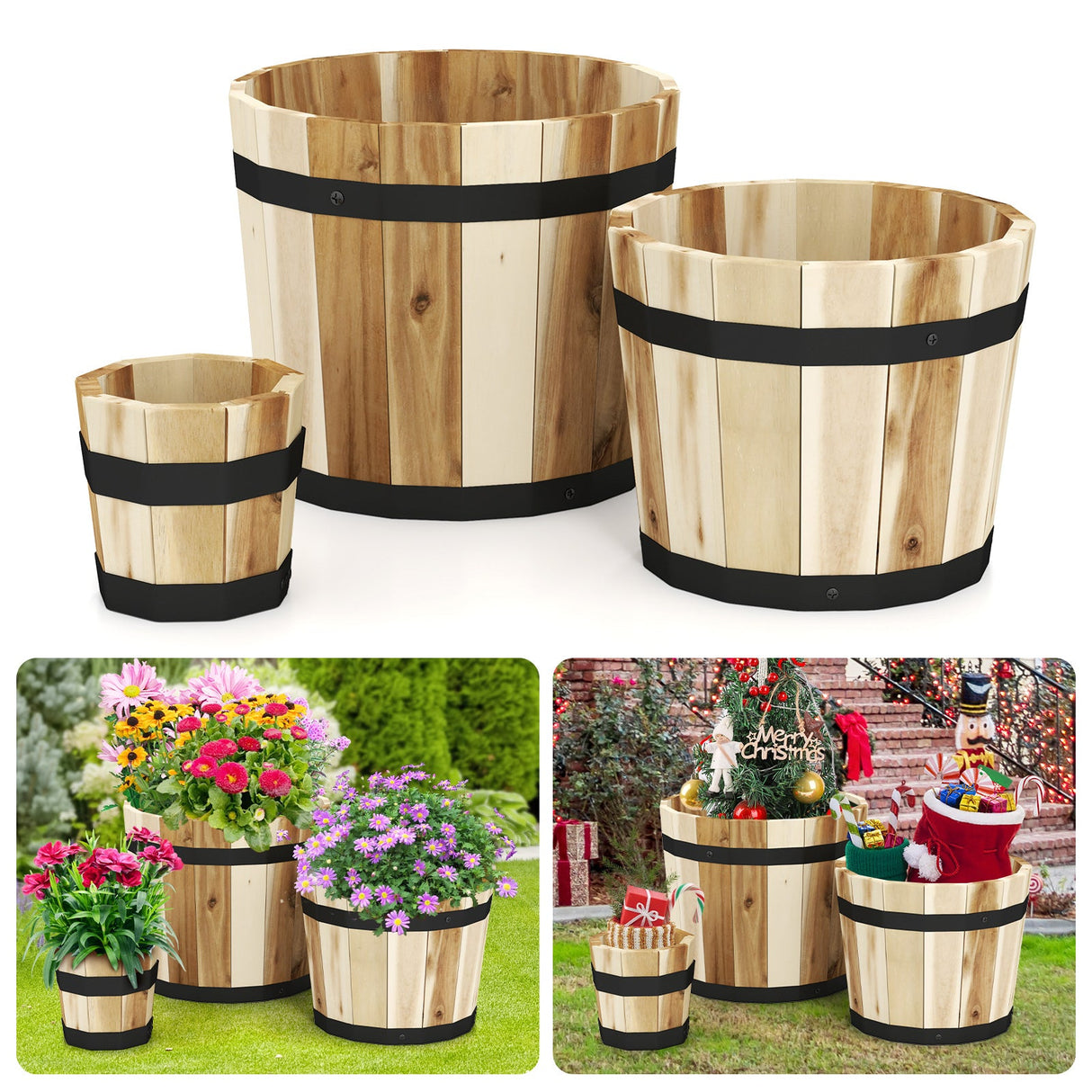 Juego de 3 jardineras de madera para exterior con orificios de drenaje