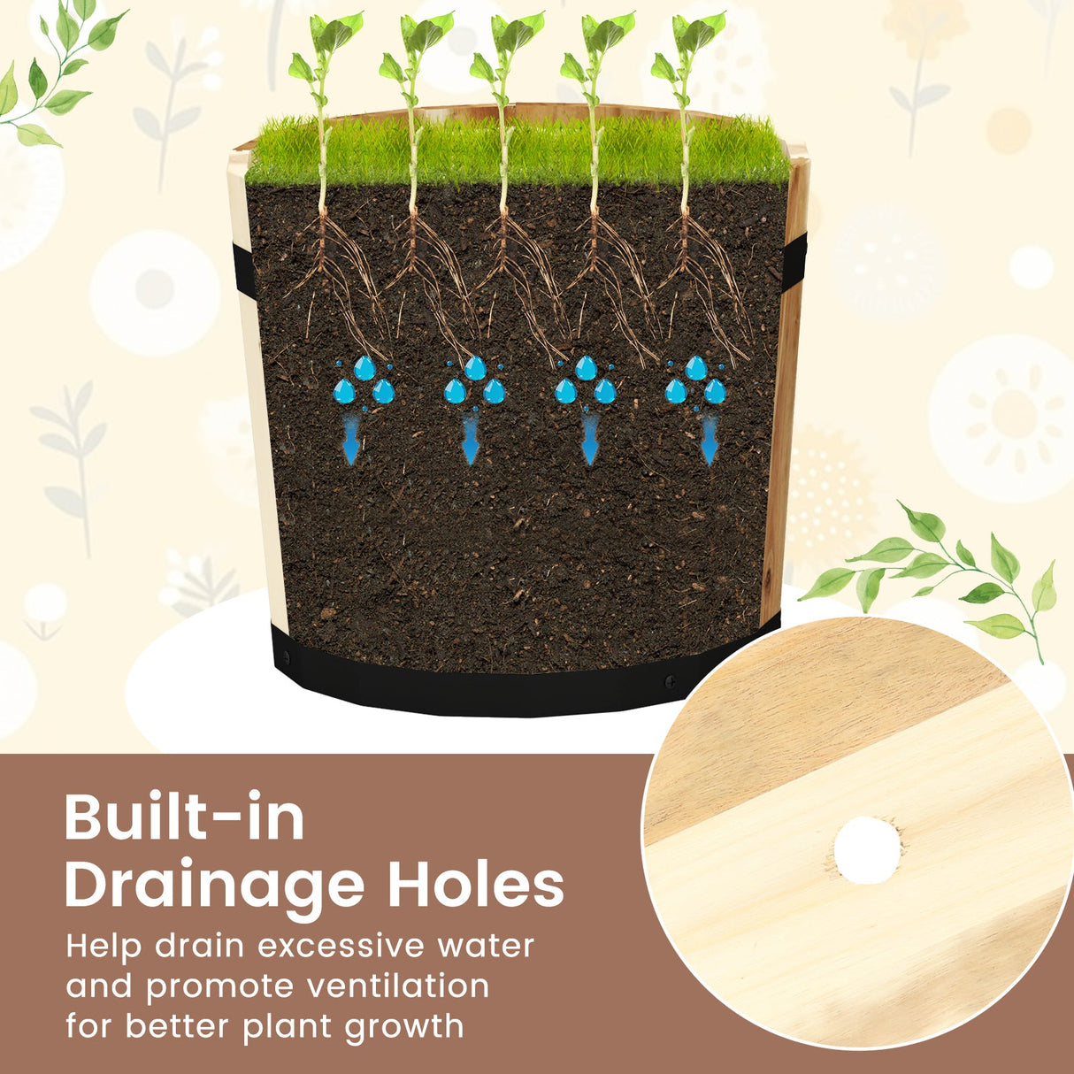 Juego de 3 jardineras de madera para exterior con orificios de drenaje