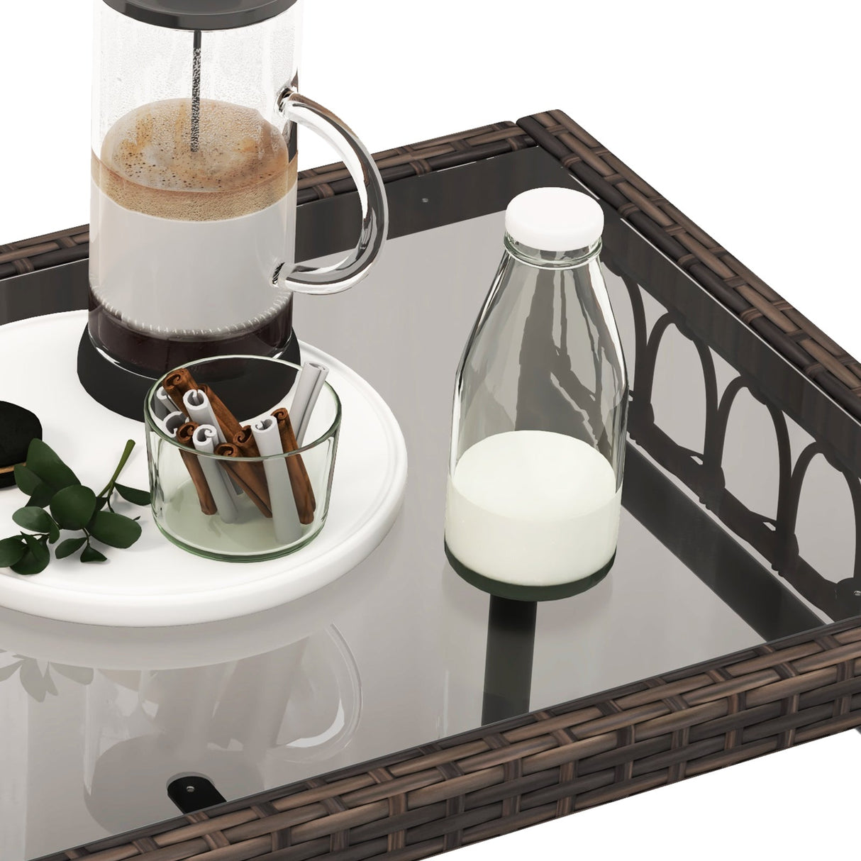 Juego de conversación de bistro de mimbre para exteriores de 4 piezas con cojines suaves y mesa de centro de vidrio templado - Beige
