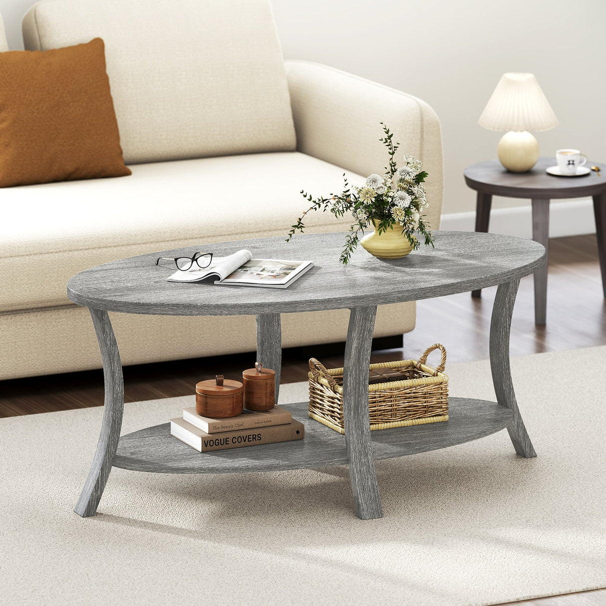 Mesa de centro ovalada de 2 niveles con estante de almacenamiento - Gris