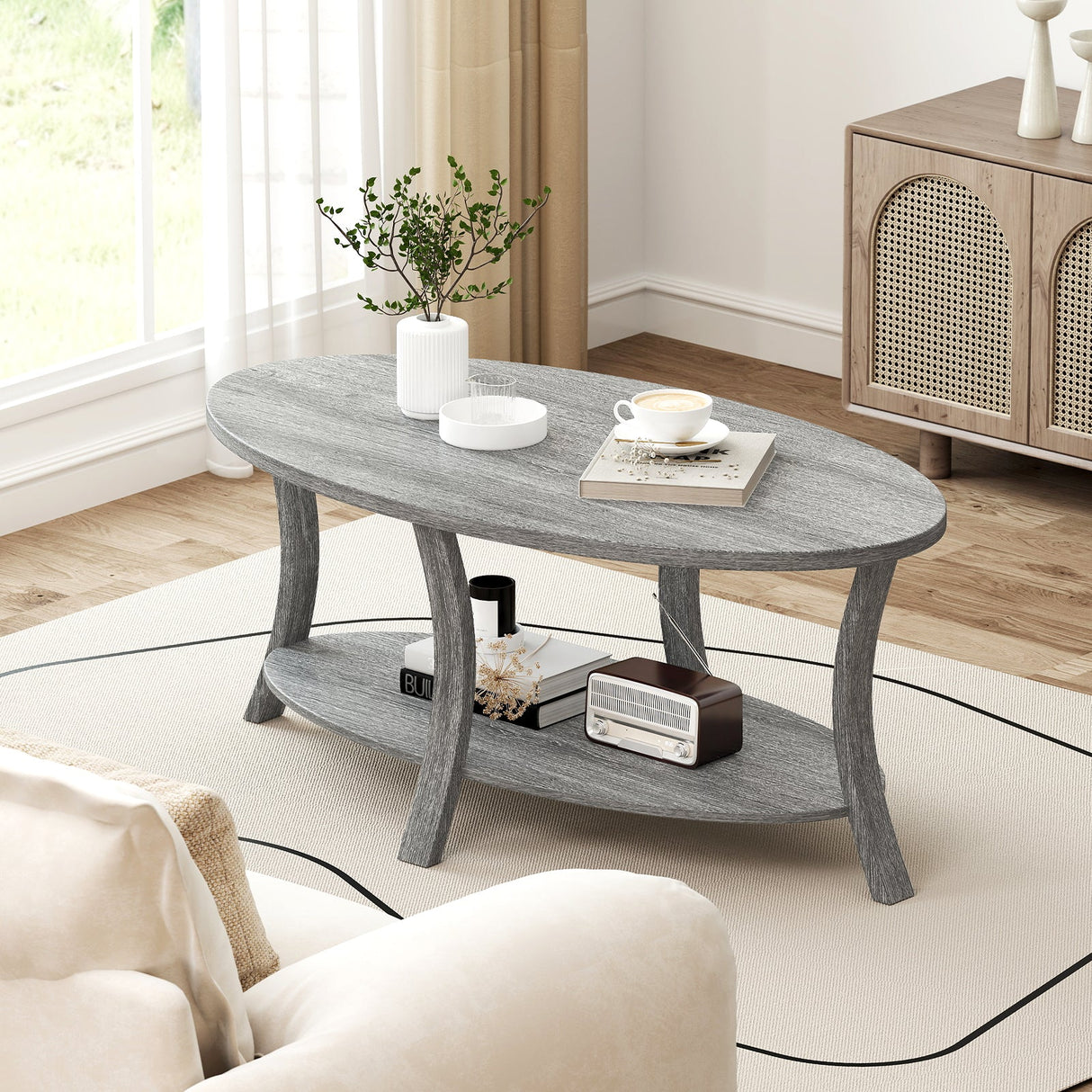 Mesa de centro ovalada de 2 niveles con estante de almacenamiento - Gris