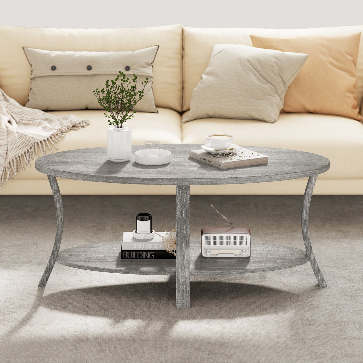 Mesa de centro ovalada de 2 niveles con estante de almacenamiento - Gris