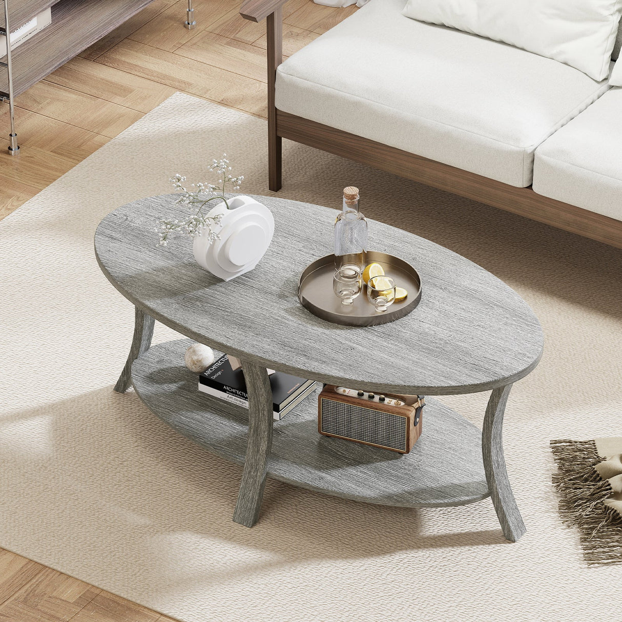Mesa de centro ovalada de 2 niveles con estante de almacenamiento - Gris