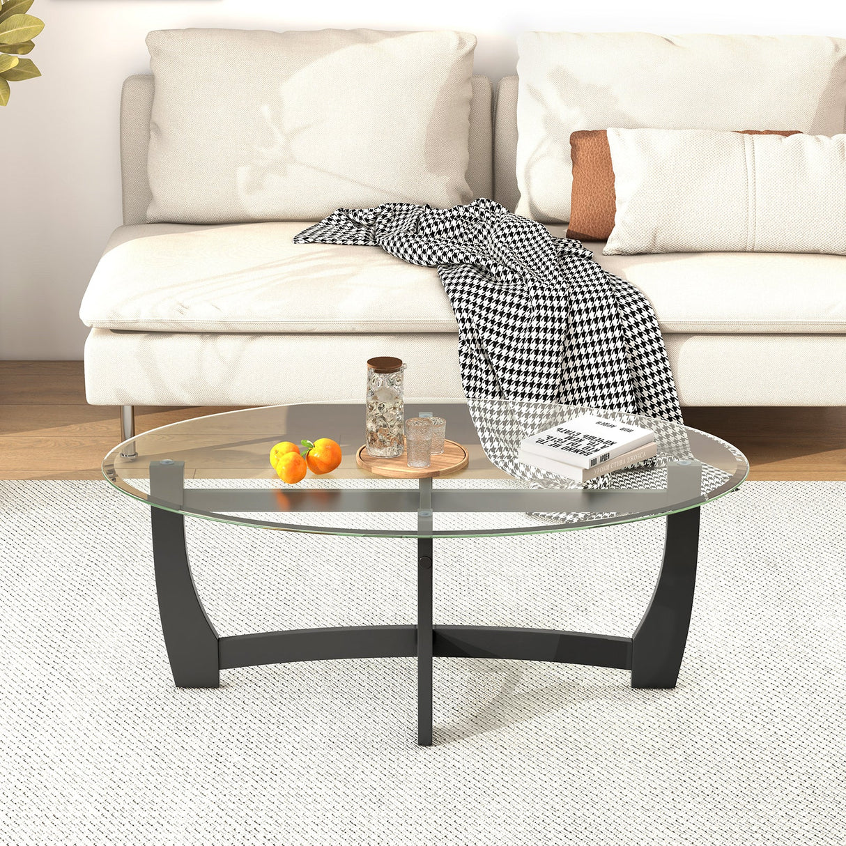 Oval Coffee Table with Tempered Glass Tabletop and Rubber Wood Legs-Black