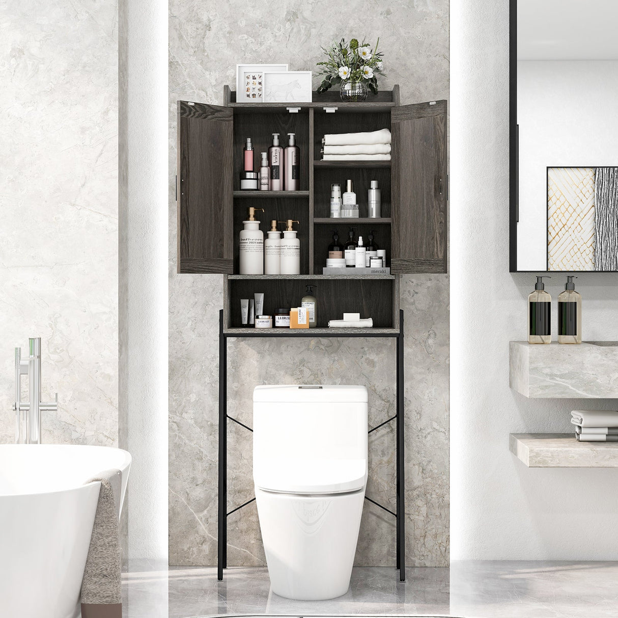 Organizador ahorrador de espacio para baño sobre el inodoro con gabinete y puertas dobles - Gris
