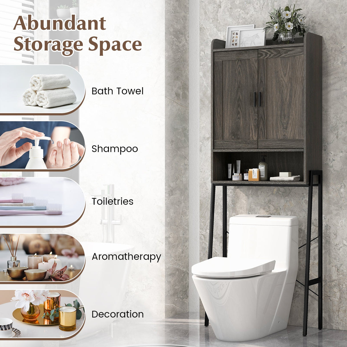 Organizador ahorrador de espacio para baño sobre el inodoro con gabinete y puertas dobles - Gris