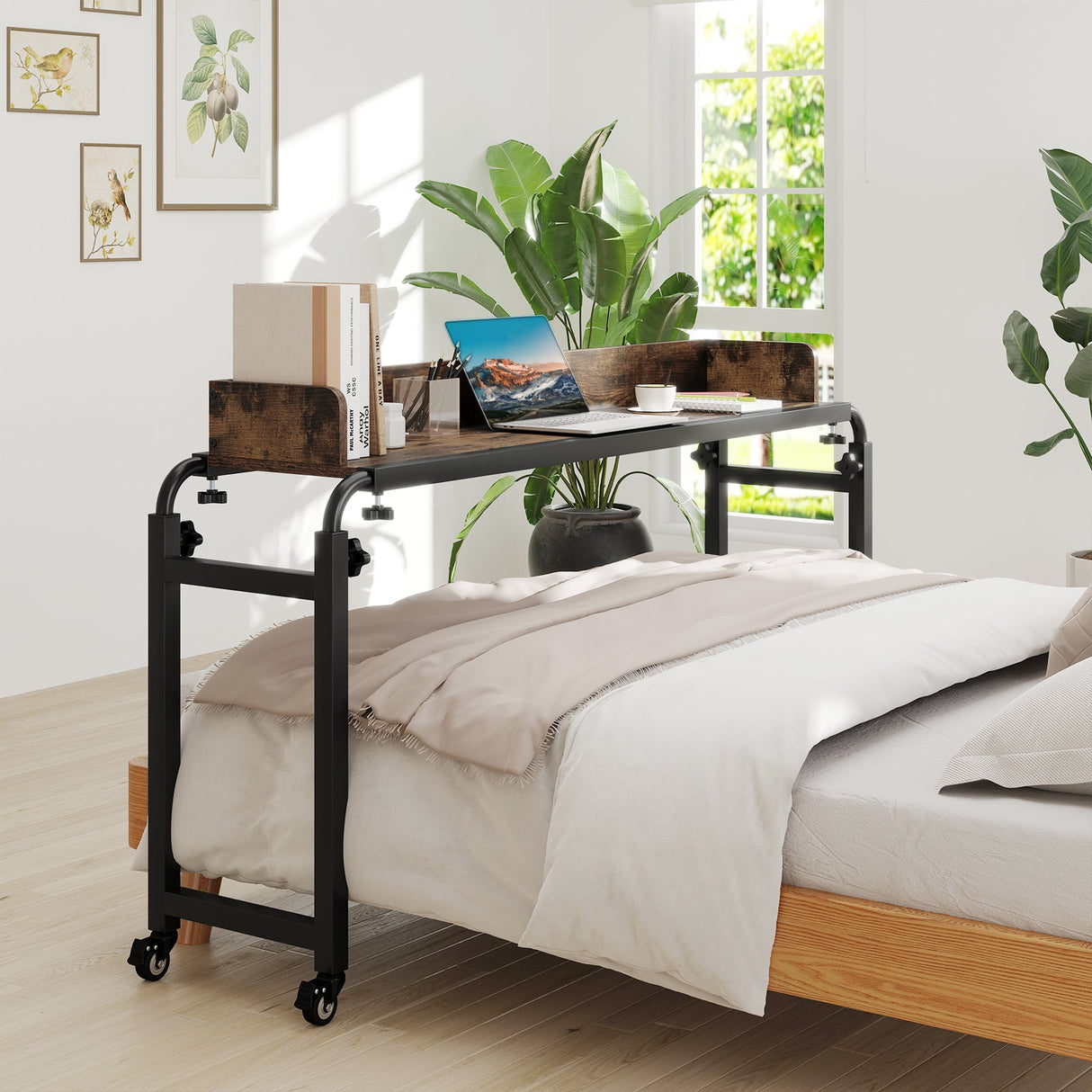 Escritorio de cama con ruedas tamaño Queen, escritorio móvil para cama con altura ajustable, marrón