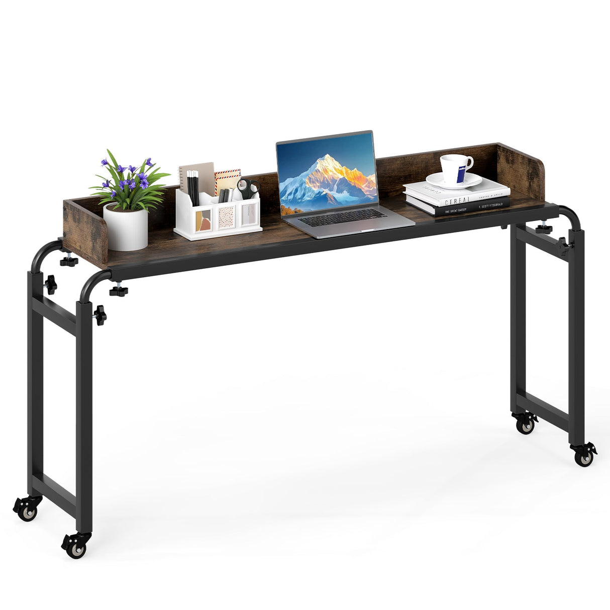 Escritorio de cama con ruedas tamaño Queen, escritorio móvil para cama con altura ajustable, marrón