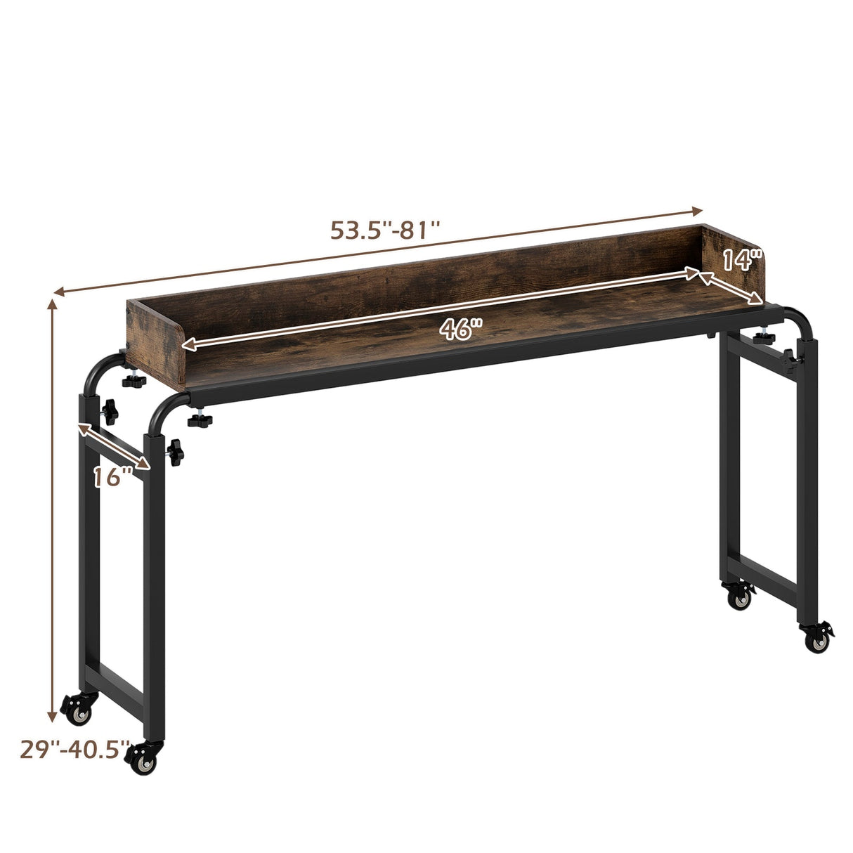 Escritorio de cama con ruedas tamaño Queen, escritorio móvil para cama con altura ajustable, marrón