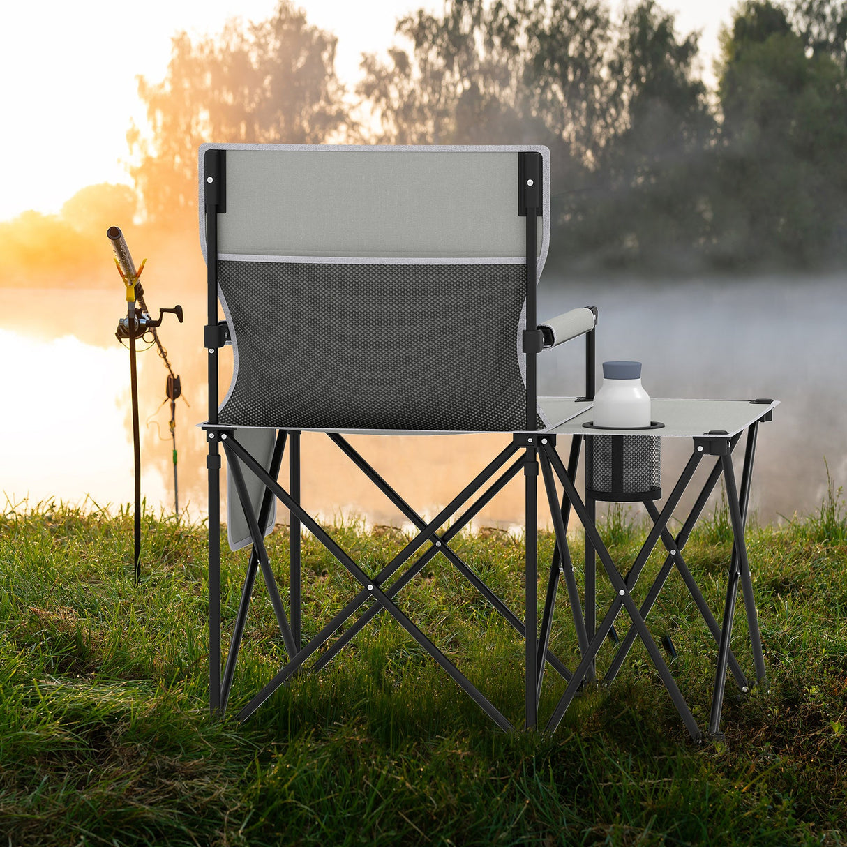 Sillón de camping extragrande con mesa lateral y 2 bolsillos de almacenamiento