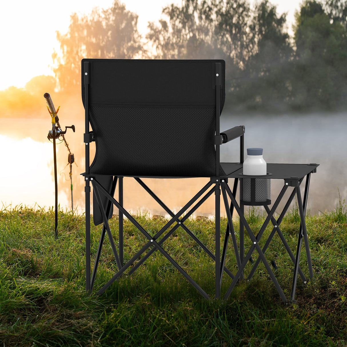Sillón de camping extragrande con mesa lateral y 2 bolsillos de almacenamiento