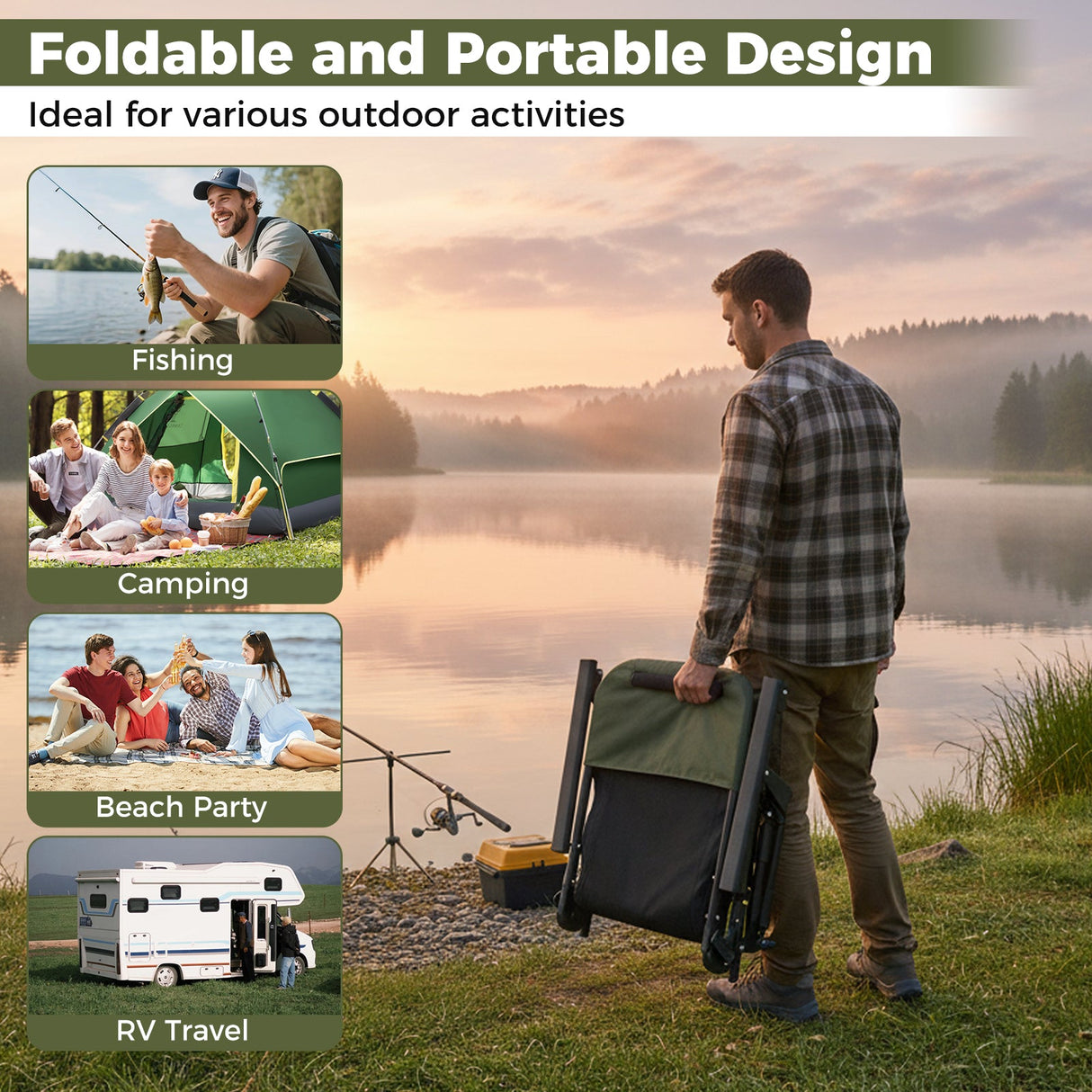Oversized Foldable Fishing Chair with Detachable Footrest-Green