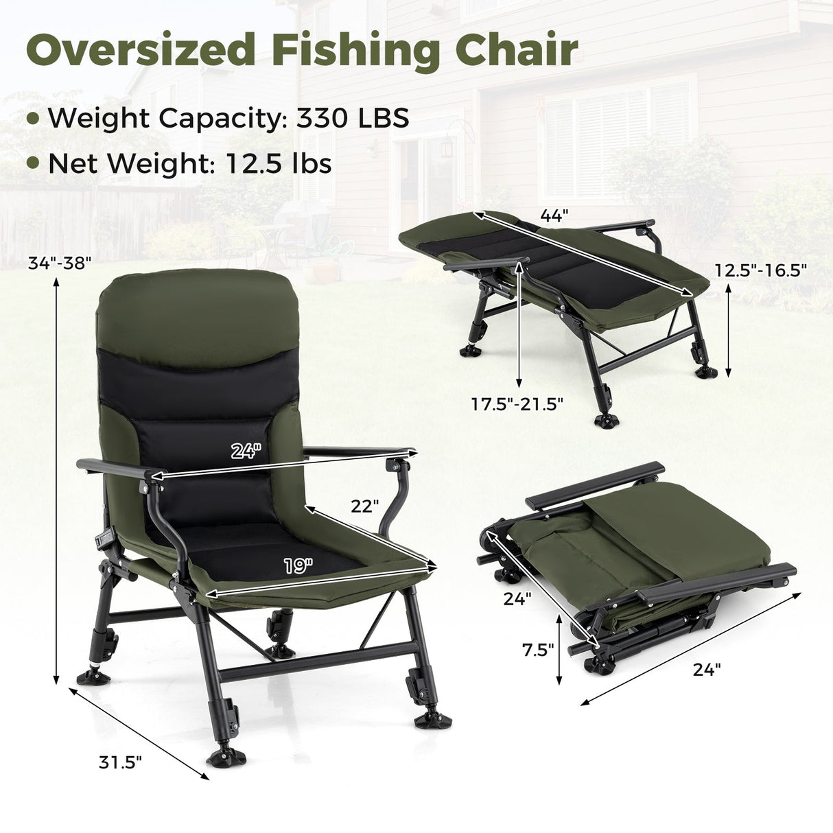 Oversized Foldable Fishing Chair for Adults with Armrest-Green