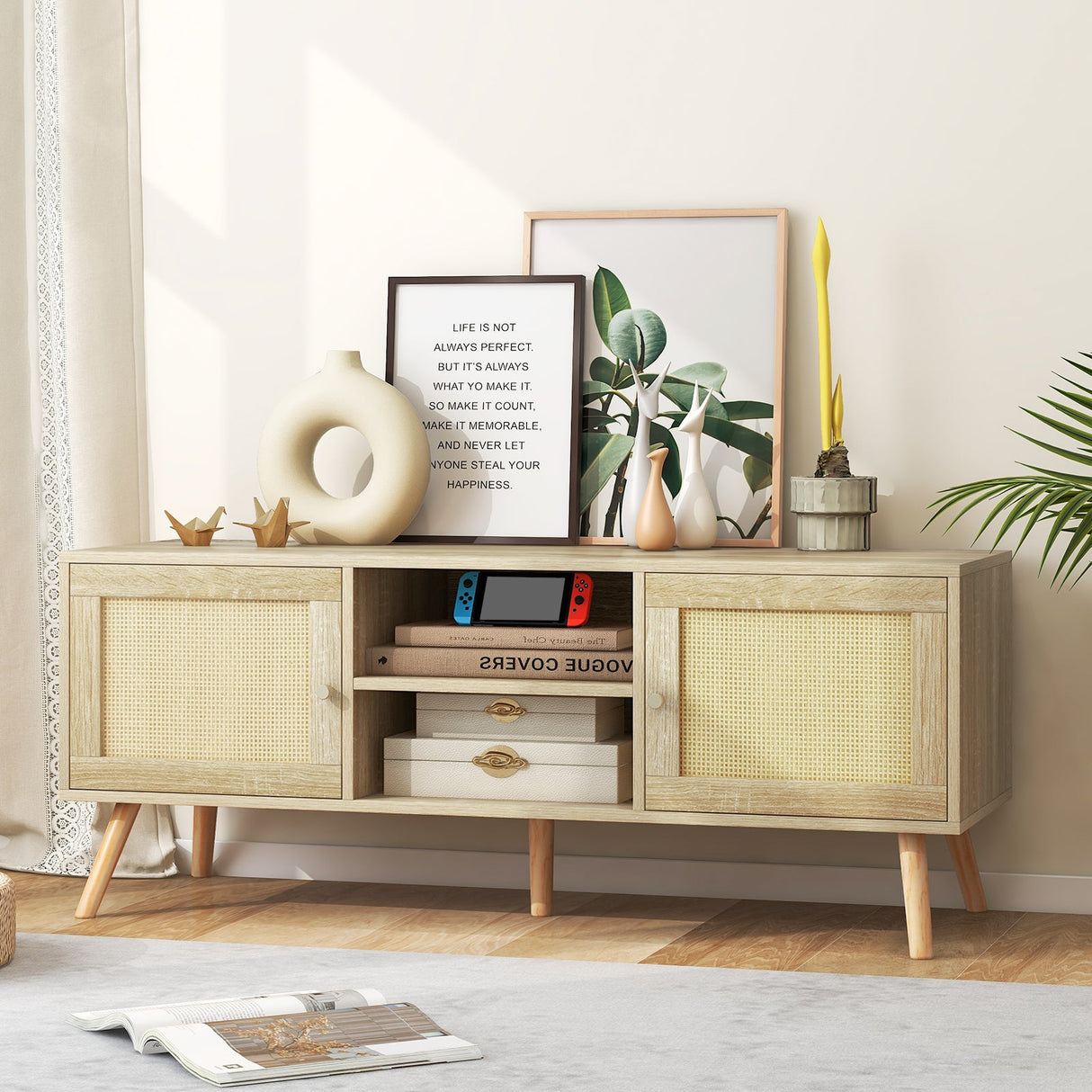 Mueble para TV de ratán PE con 2 armarios y estantes abiertos