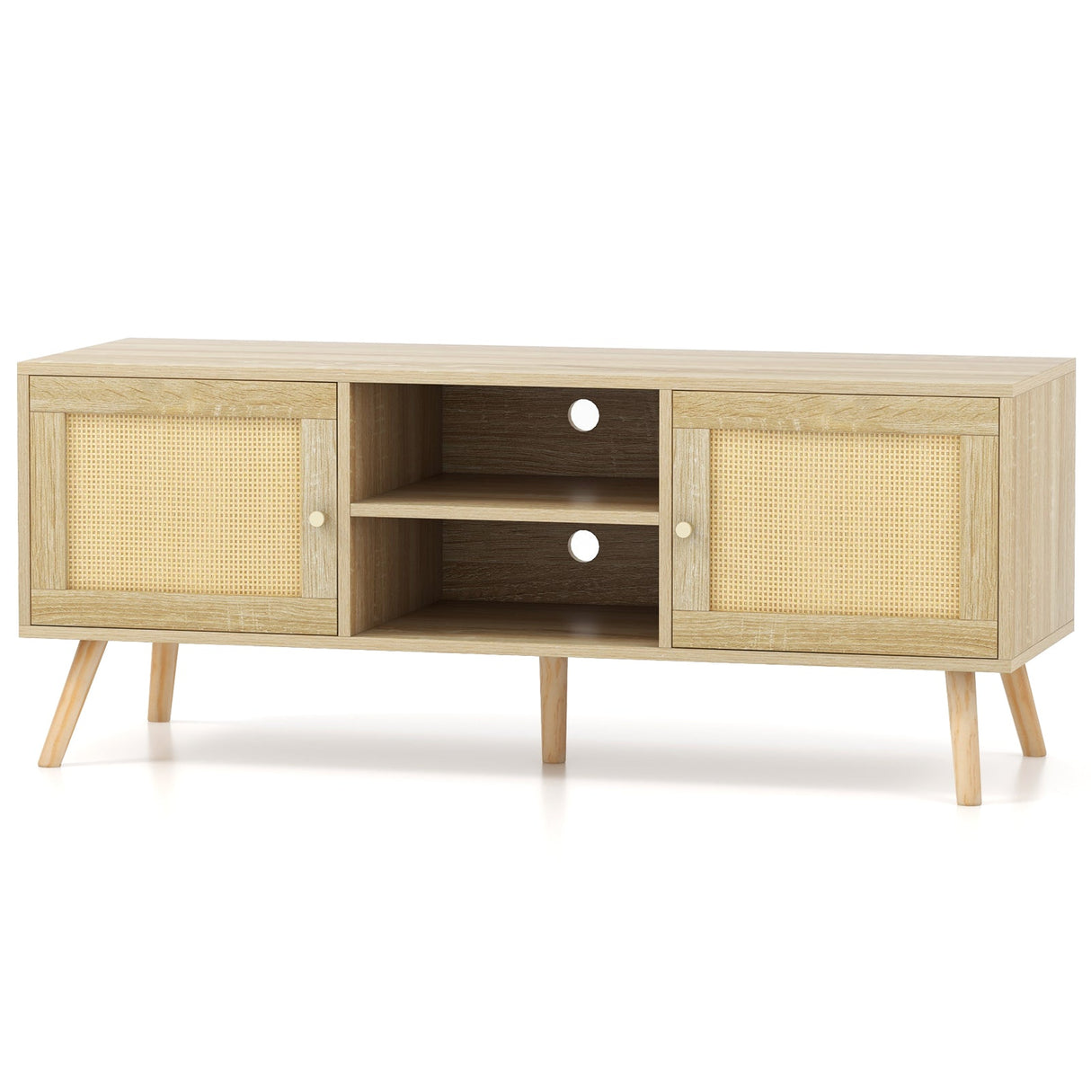Mueble para TV de ratán PE con 2 armarios y estantes abiertos