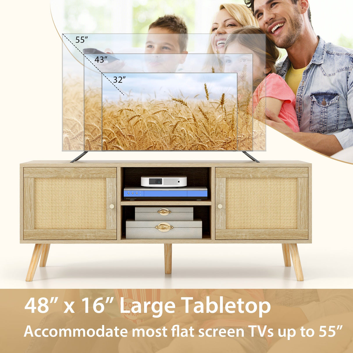 Mueble para TV de ratán PE con 2 armarios y estantes abiertos