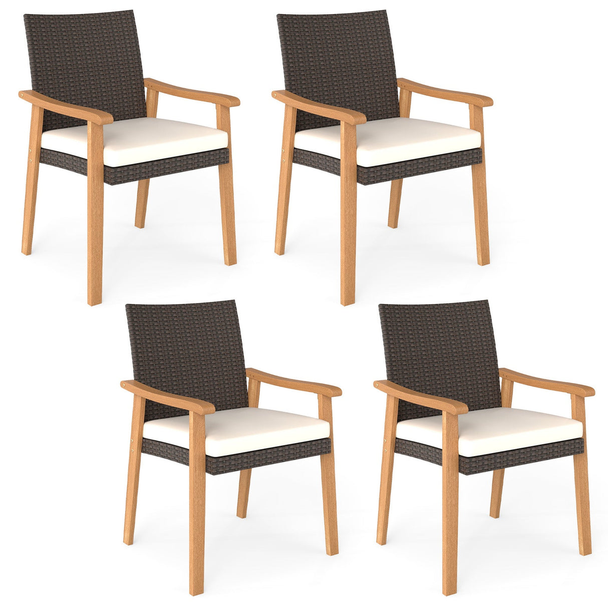 Juego de 4 sillas de comedor de exterior de ratán PE para patio con cojín extraíble y reposabrazos de madera de acacia - Blanco