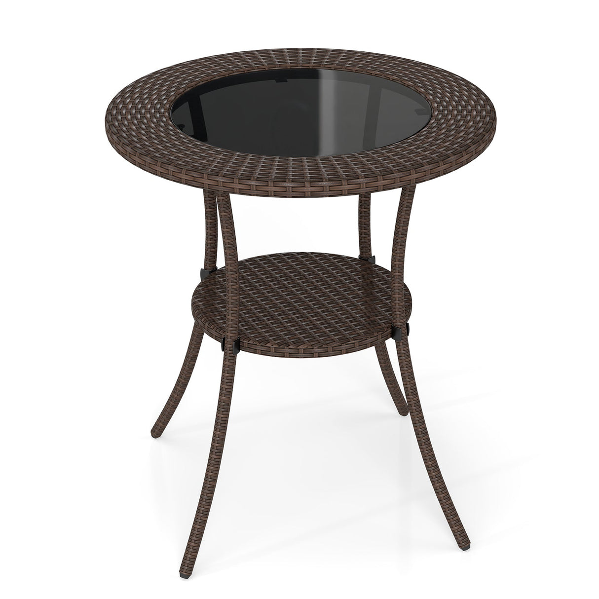 Mesa de Bistró Redonda de Patio con Mimbre PE, Tapa de Cristal Templado y Estante