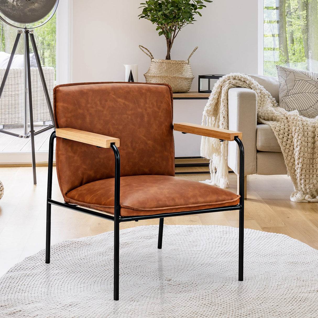 PU Leather Accent Chair with Rubber Wood Armrests