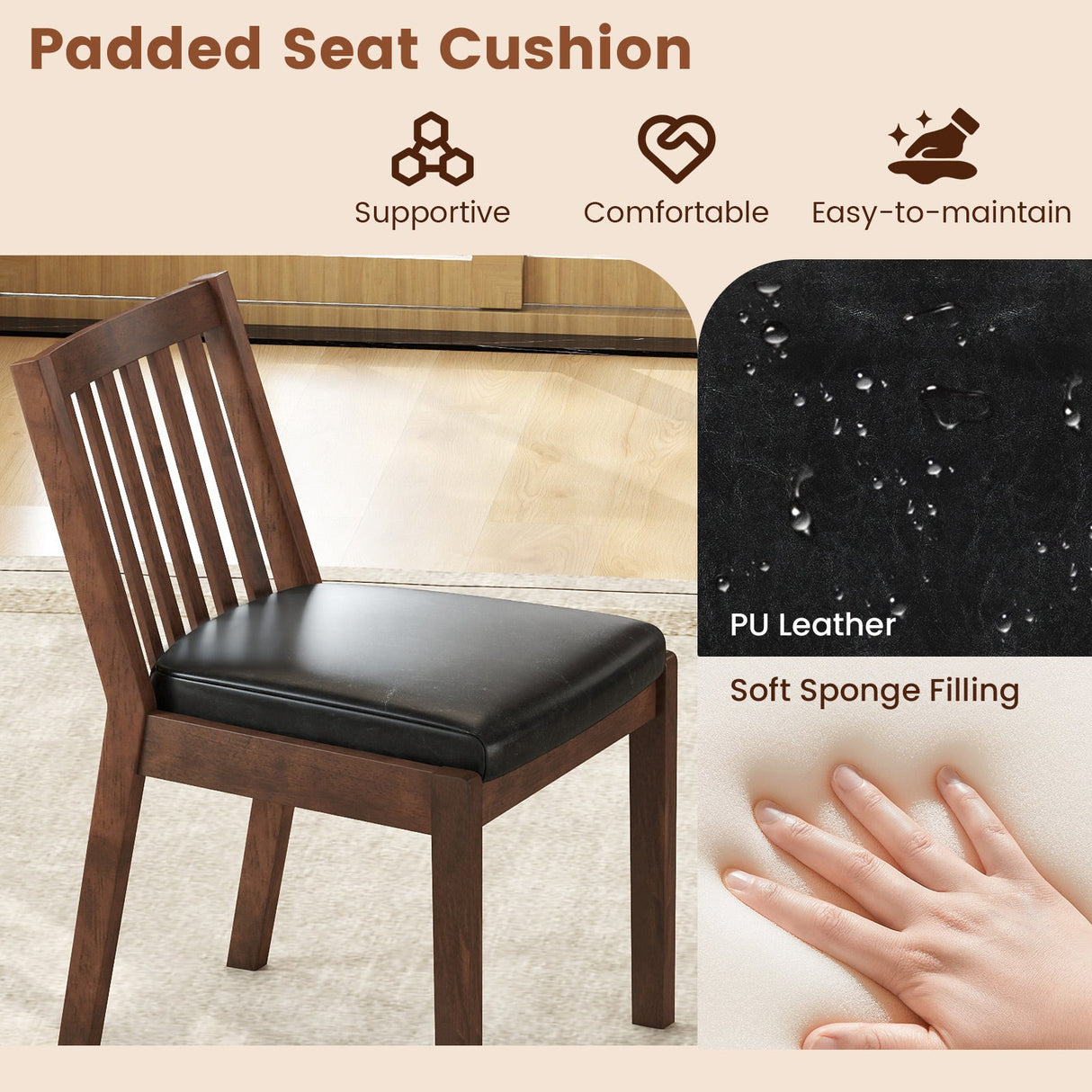 Sillas de comedor tapizadas en cuero sintético con asiento acolchado, juego de 2 - Espresso